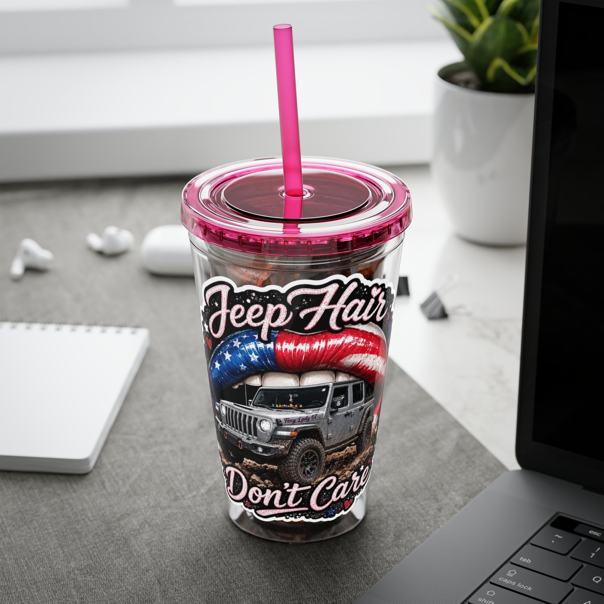 Jeep Hair Don't Care 16oz Tumbler with Straw — Patriotic Off-Road Truck Design