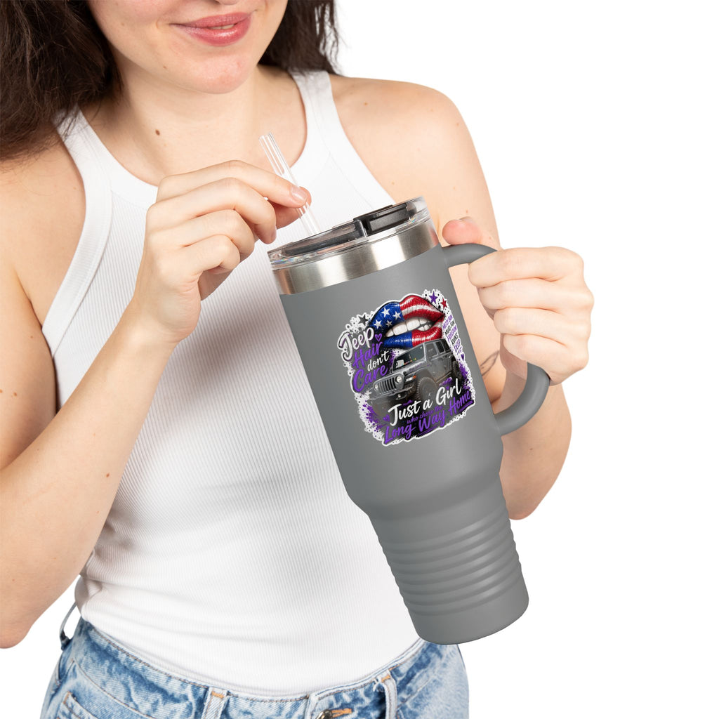 "Jeep Hair Don't Care" Patriotic Truck Design — 40oz Insulated Travel Mug