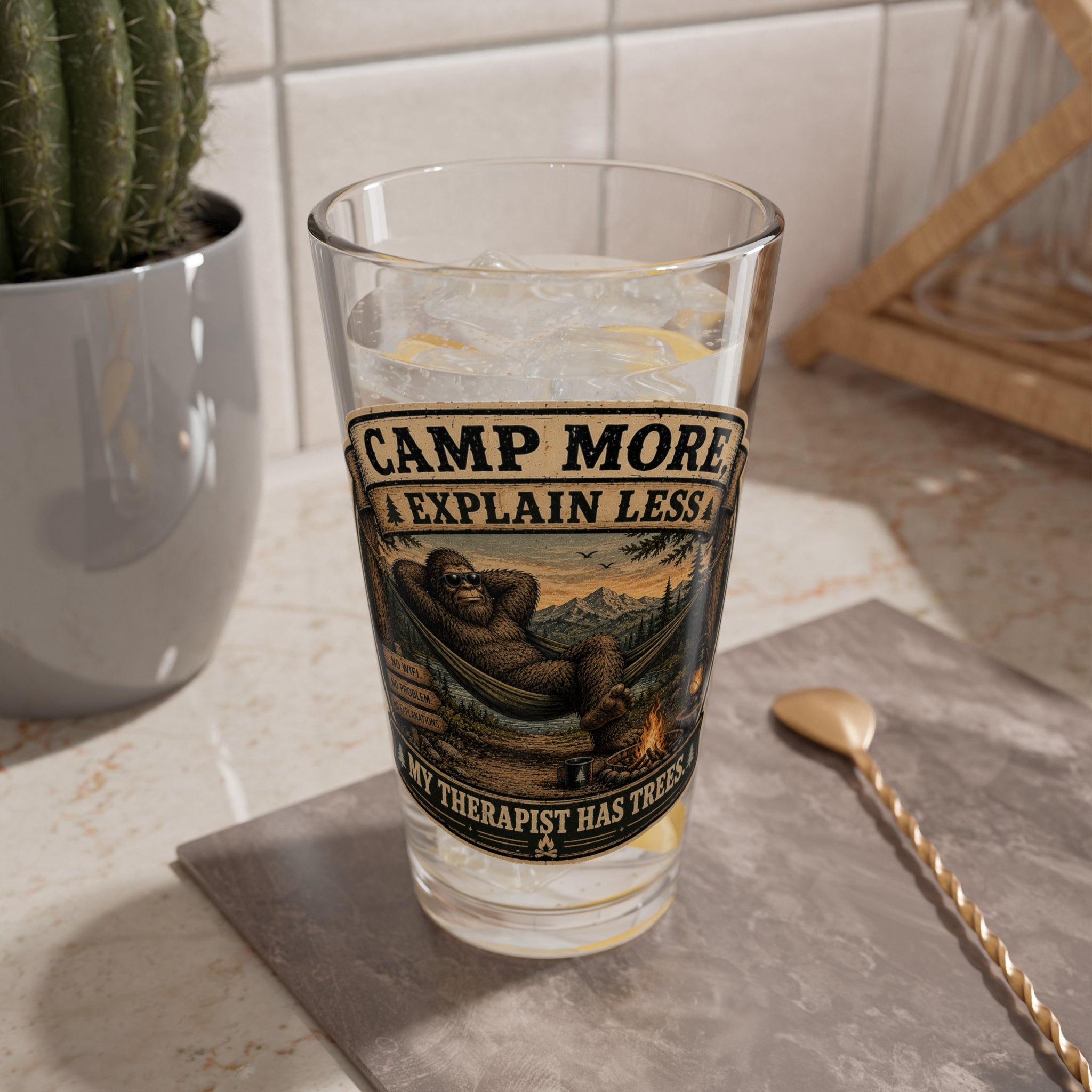 “Camp More, Explain Less” Bear Design – 16oz Camping Pint Glass