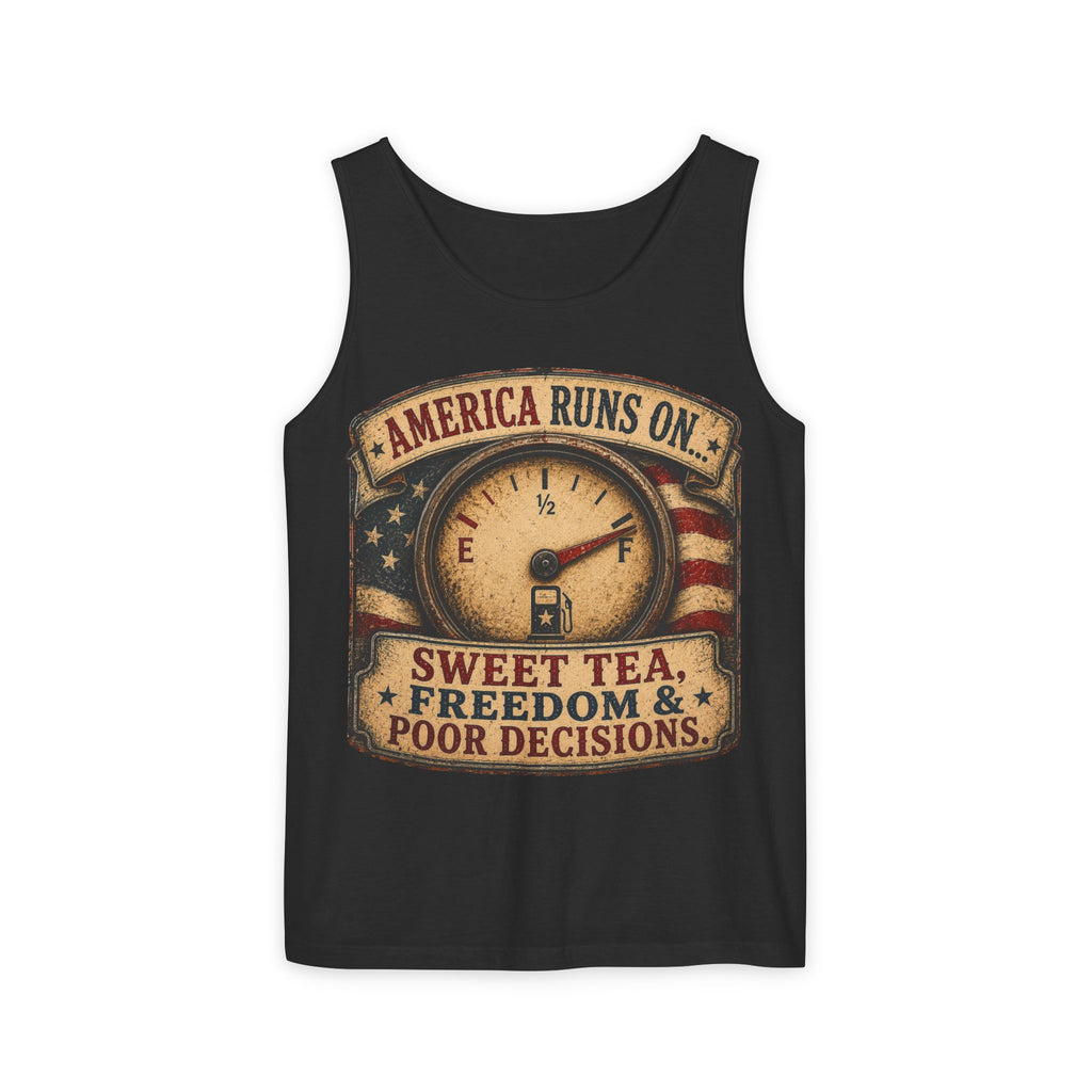 "America Runs On... Sweet Tea, Freedom & Poor Decisions" Vintage Patriotic Graphic — Tank Top