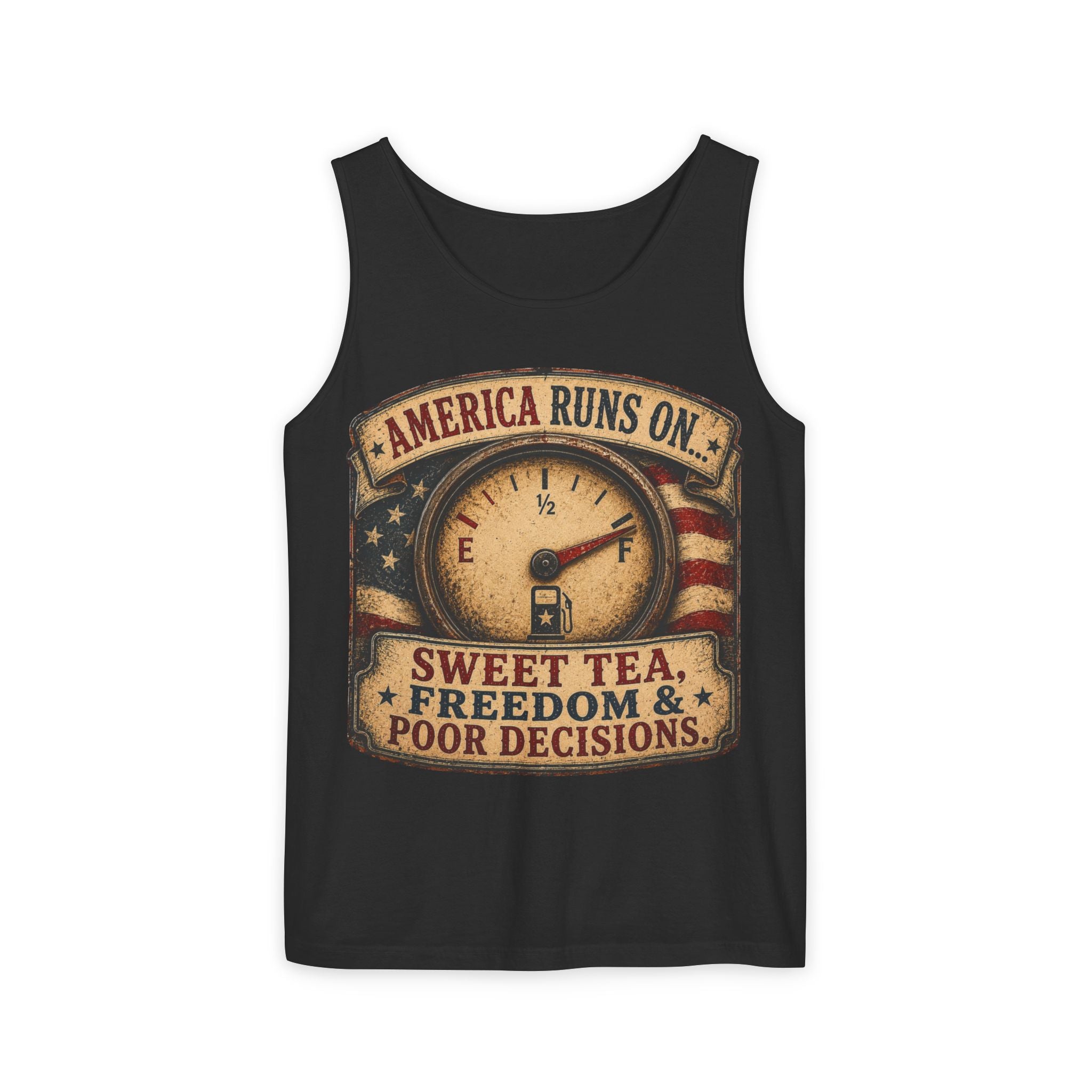 "America Runs On... Sweet Tea, Freedom & Poor Decisions" Vintage Patriotic Graphic — Tank Top