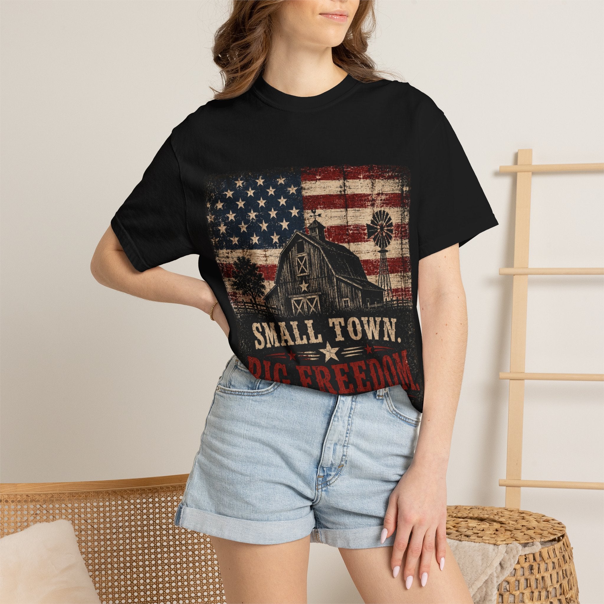 Small Town Big Freedom T-Shirt — Vintage American Flag Barn Patriotic Tee