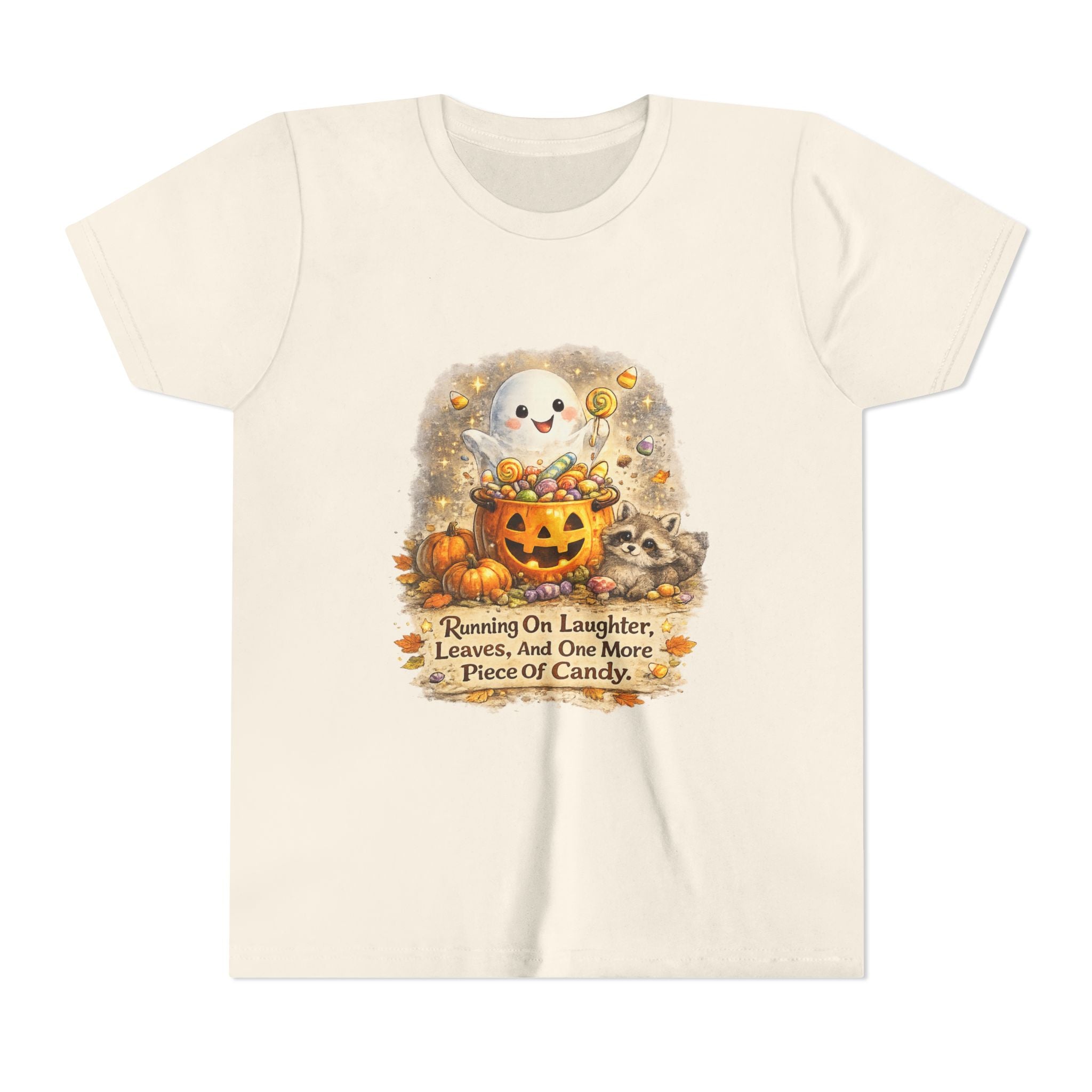 Cute Ghost, Pumpkin Candy & 'Running On Laughter, Leaves, And One More Piece Of Candy' — Youth Halloween Tee