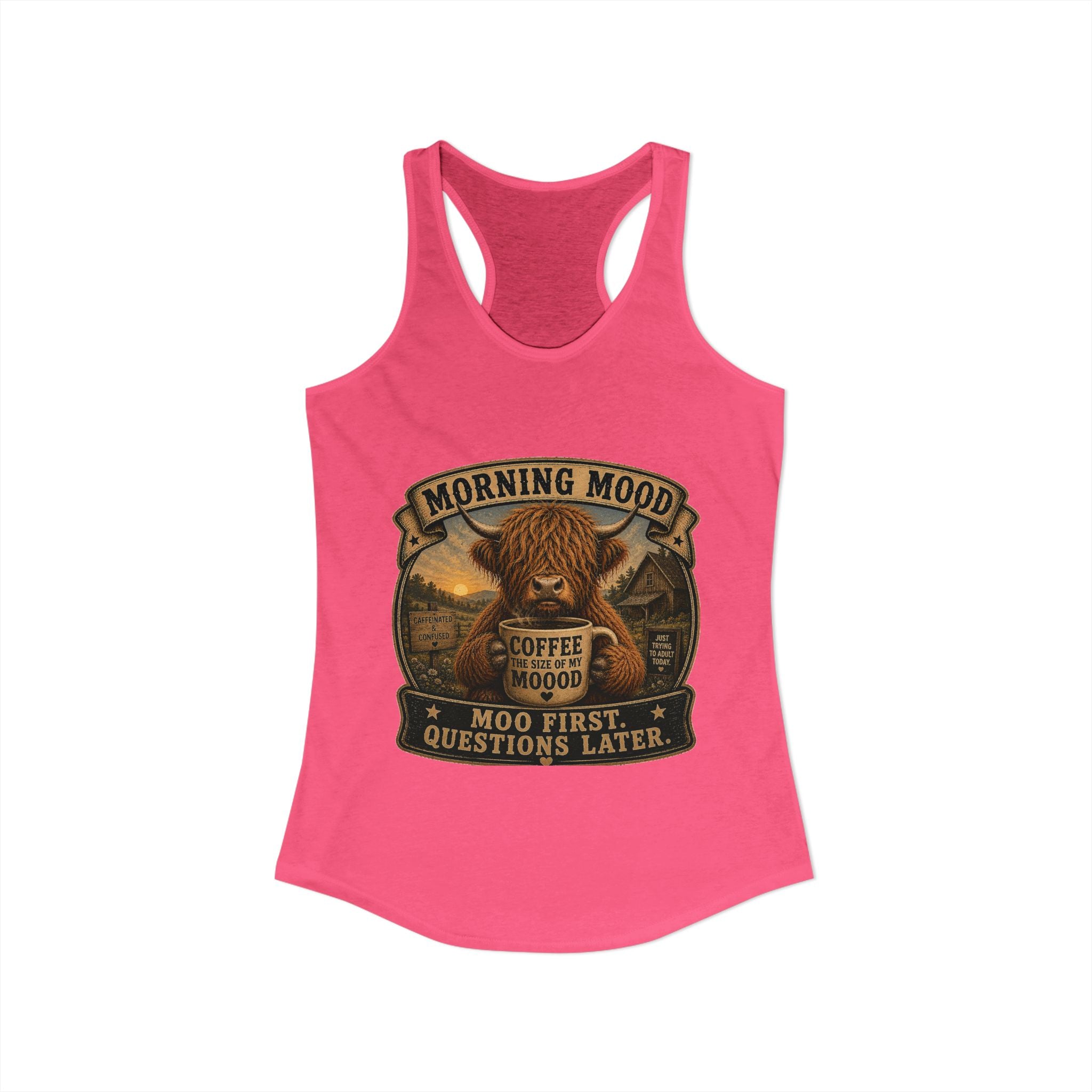 Morning Mood Highland Cow Women's Ideal Racerback Tank