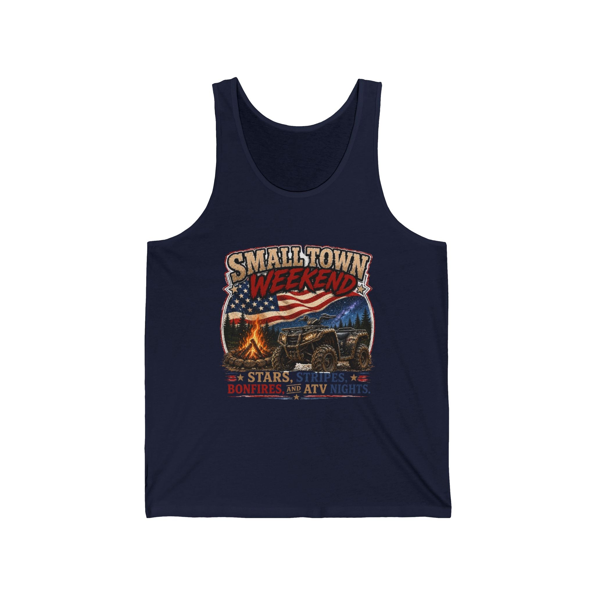 Stars, Stripes, Bonfires & ATV Nights Graphic Tank — Smalltown Weekend Tank Top