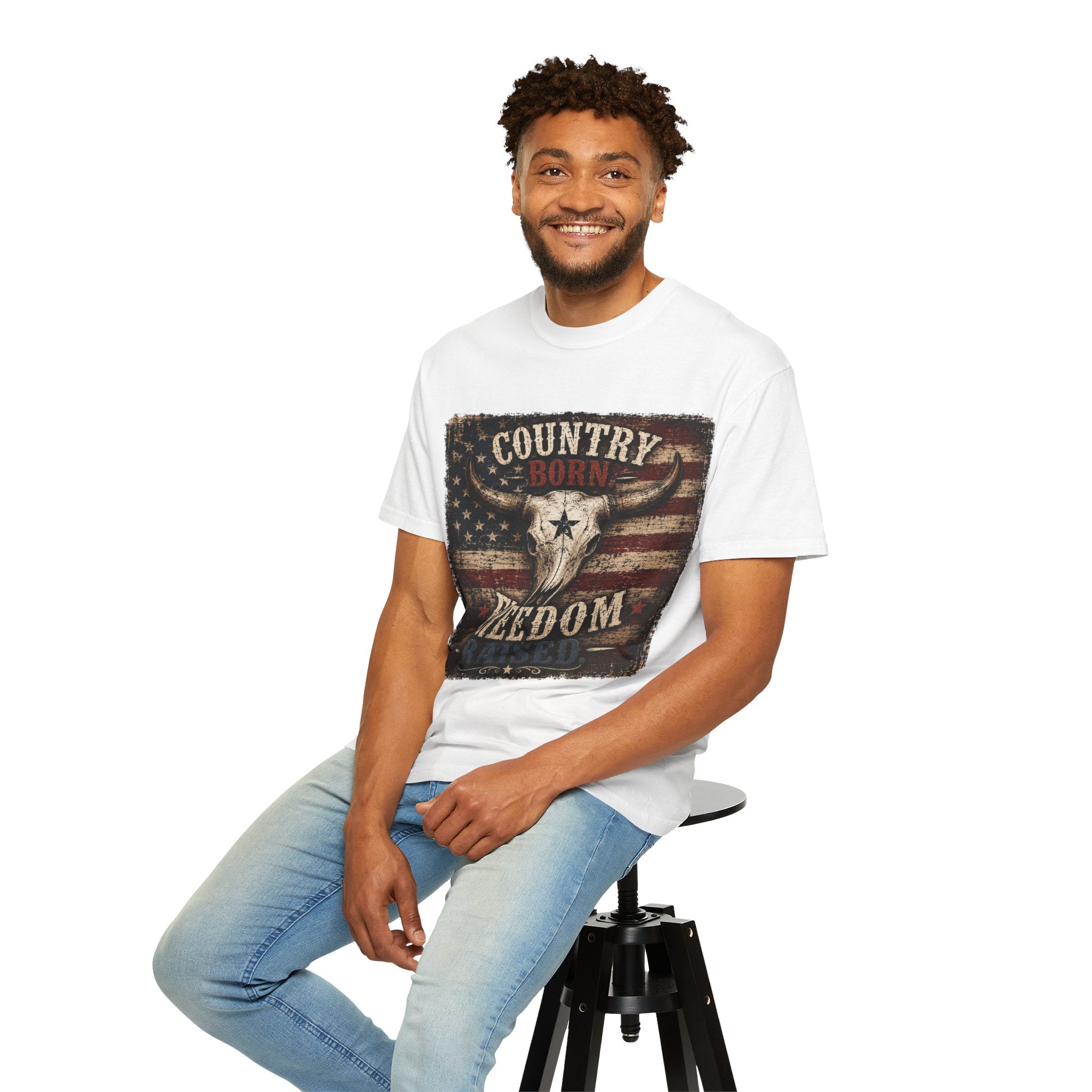 Country Born Freedom Raised T-Shirt — American Flag Steer Skull Graphic