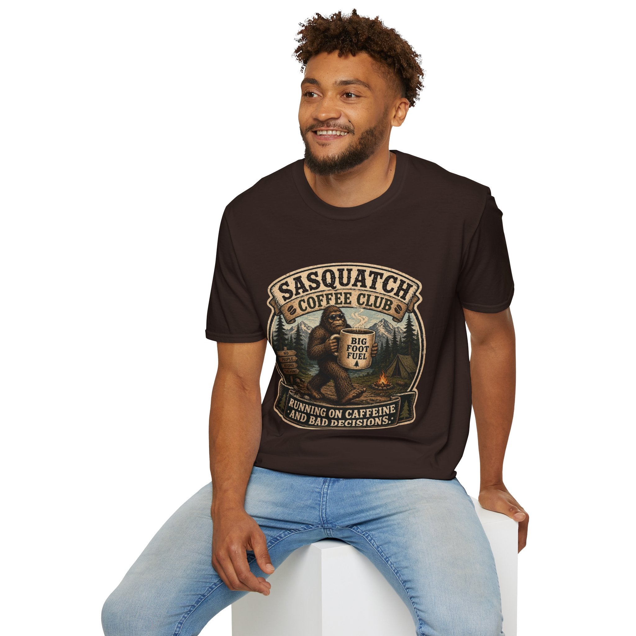 Sasquatch Coffee Club T-Shirt — "Running on Caffeine and Bad Decisions"
