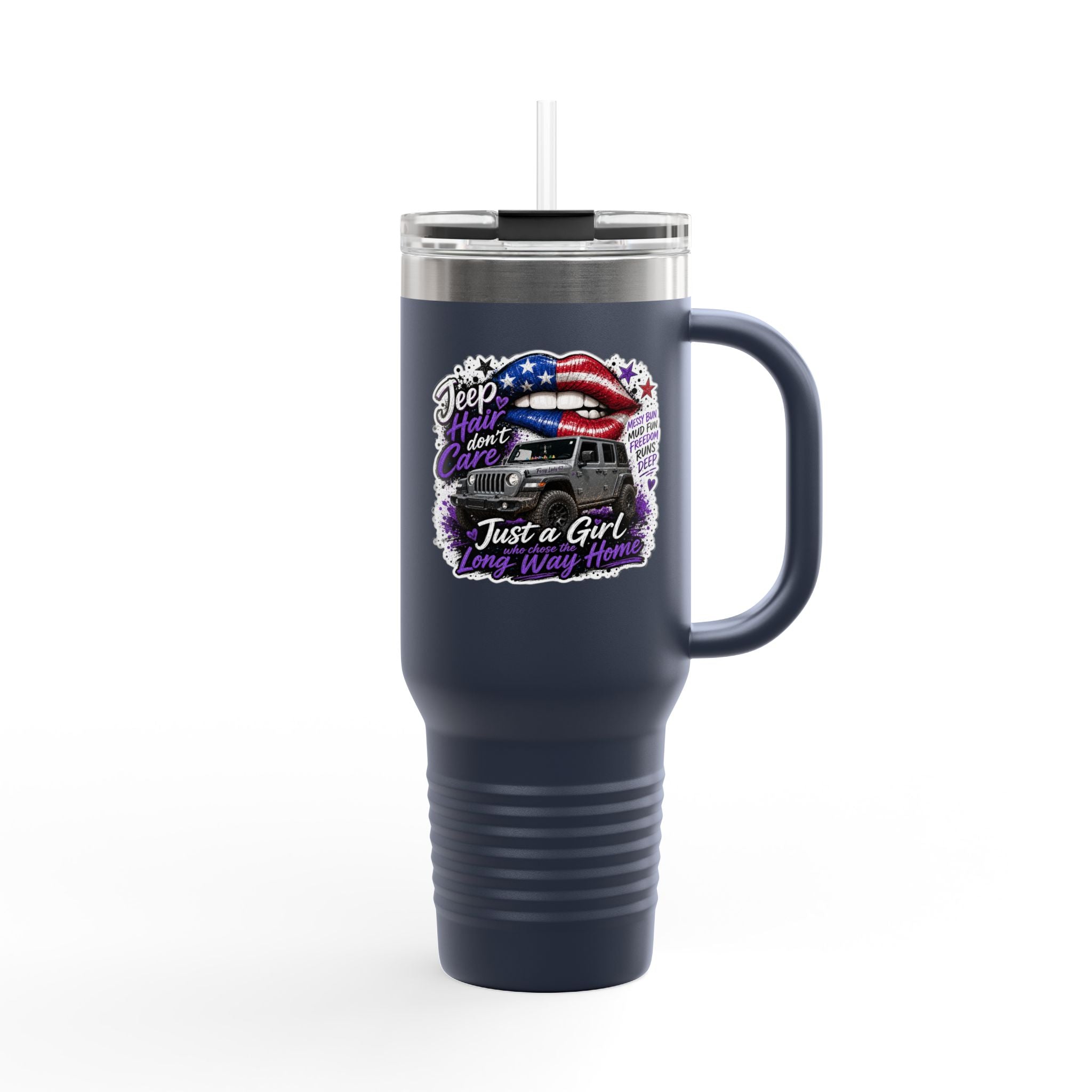 "Jeep Hair Don't Care" Patriotic Truck Design — 40oz Insulated Travel Mug