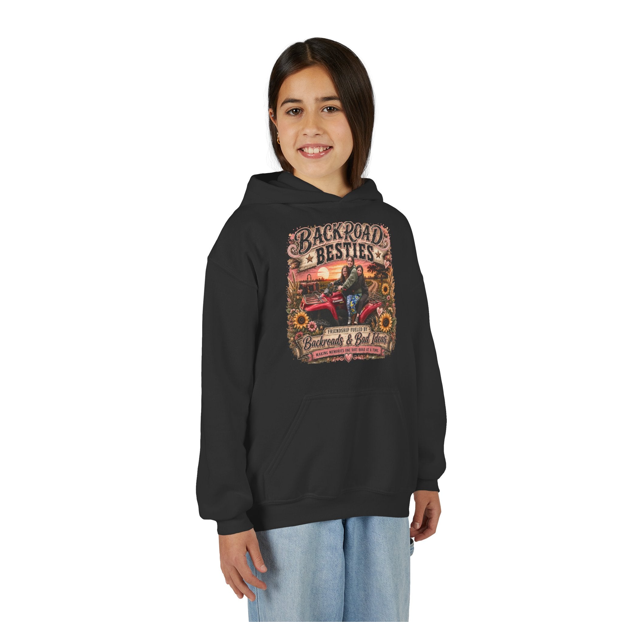 "Backroad Besties" Vintage Truck & Sunflower — Graphic Youth Hoodie