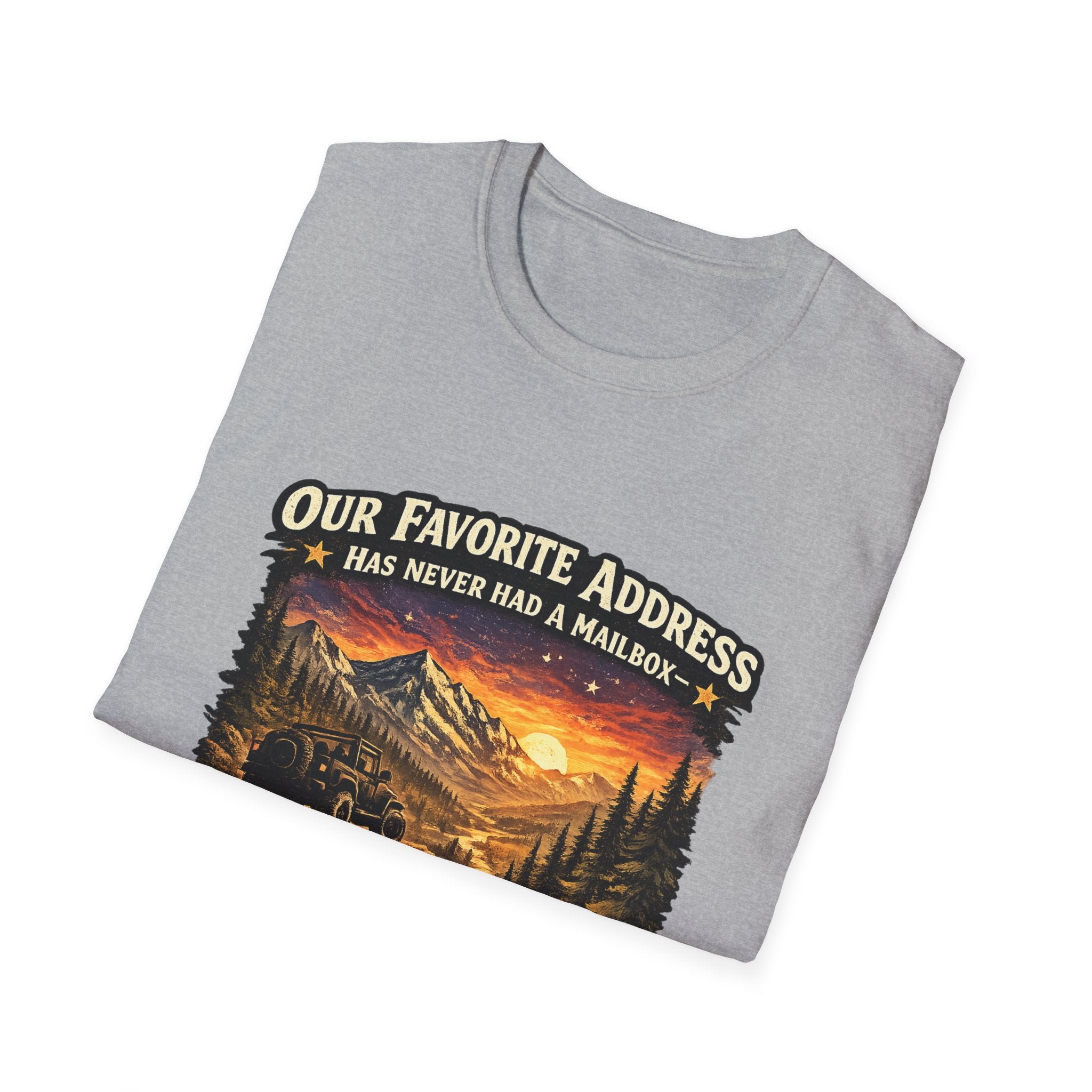 "Our Favorite Address Has Never Had a Mailbox" Scenic Mountain Camping Tee — T-Shirt
