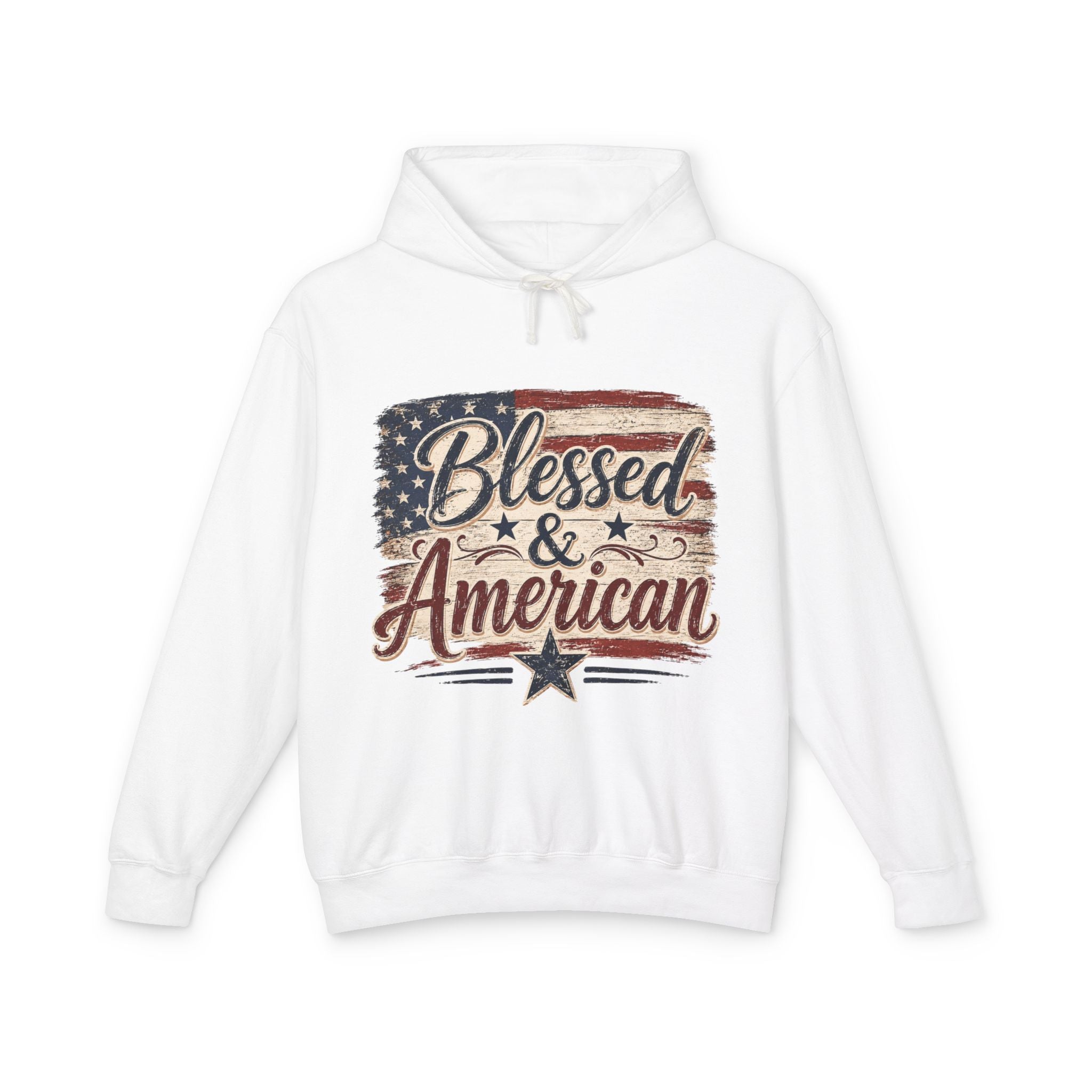 Blessed & American Hoodie — Patriotic Flag Graphic Lightweight Sweatshirt