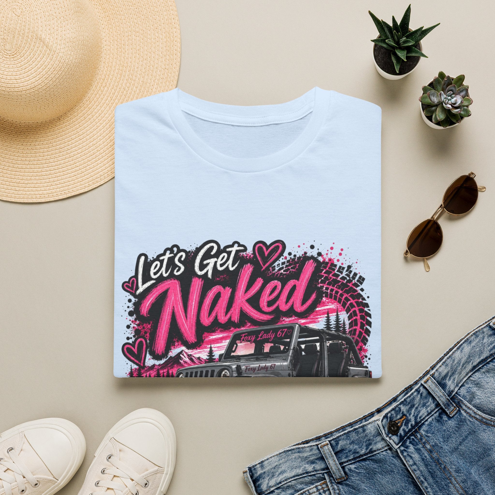 Jeep 'Let's Get Naked' Graphic T-Shirt — (Pink) Funny Off-Roading Top