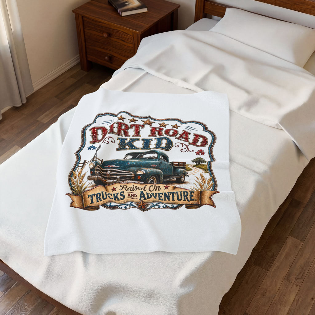 "Dirt Road Kid: Raised on Trucks & Adventure" Retro Truck Throw — Velveteen Blanket