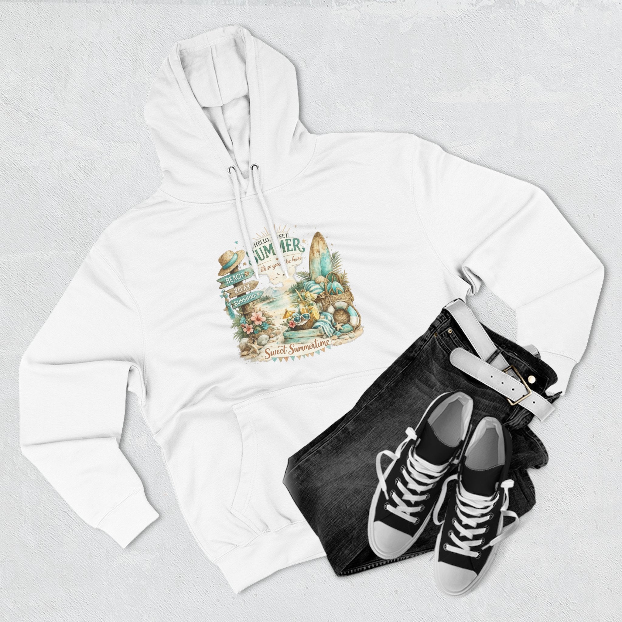 Summer Beach Vibes Hoodie — Surf, Seashells & Sun Graphic Hoodie