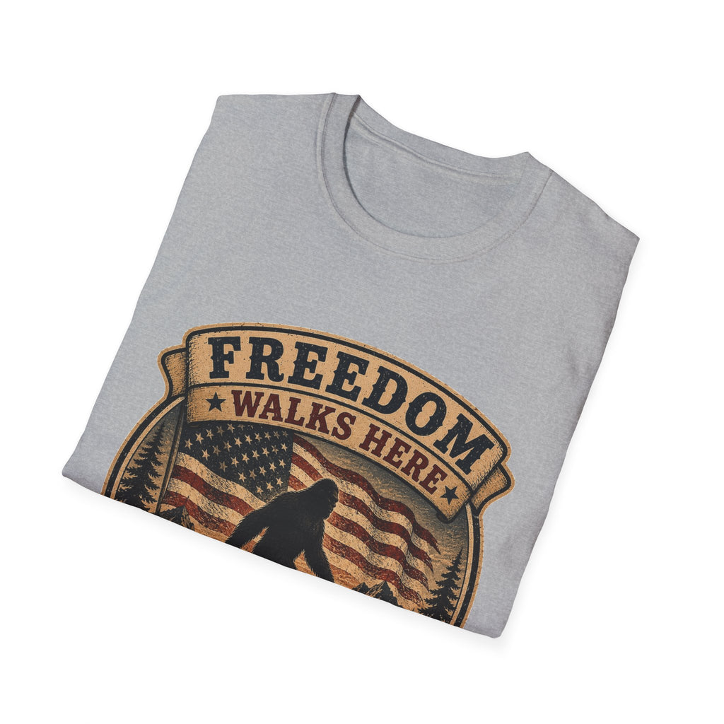 Freedom Walks Here T-Shirt — Patriotic Bigfoot Graphic Tee