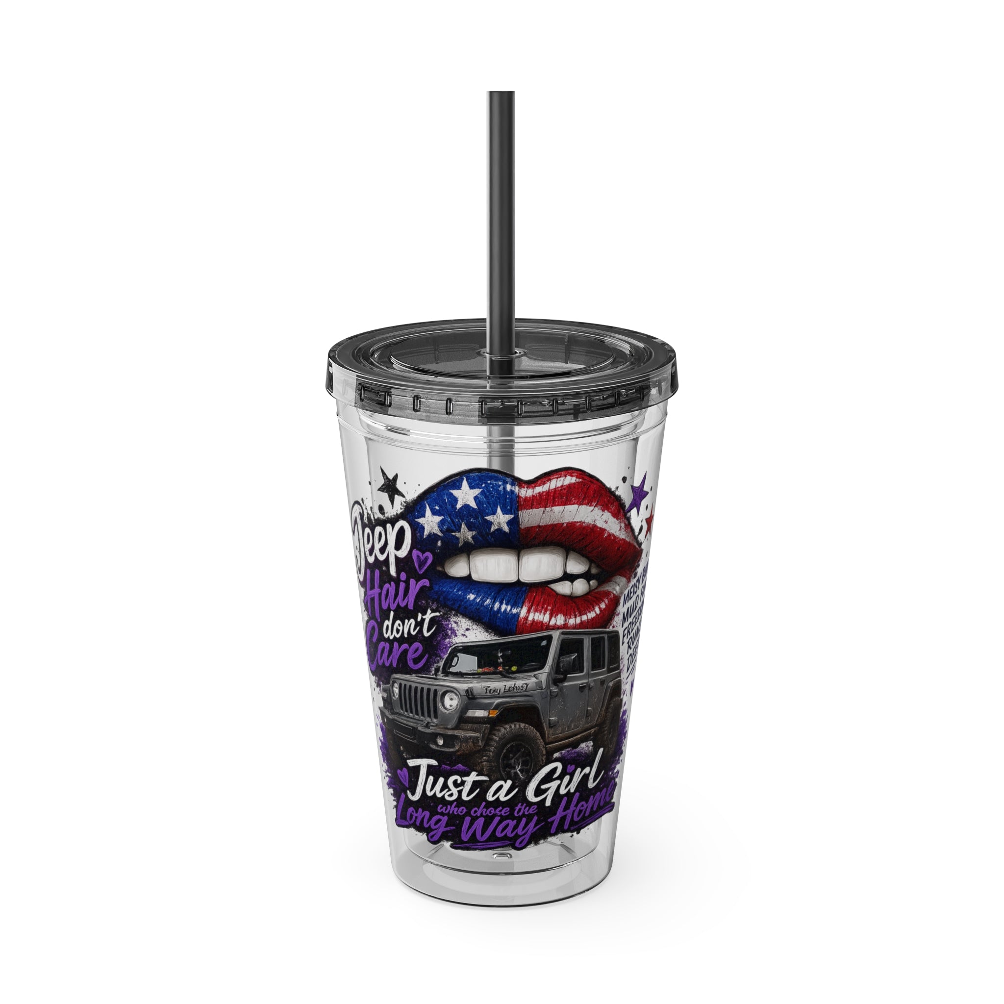Jeep Girl 16oz Tumbler with Straw — American Flag Lips ‘Jeep Hair Don’t Care’ Design