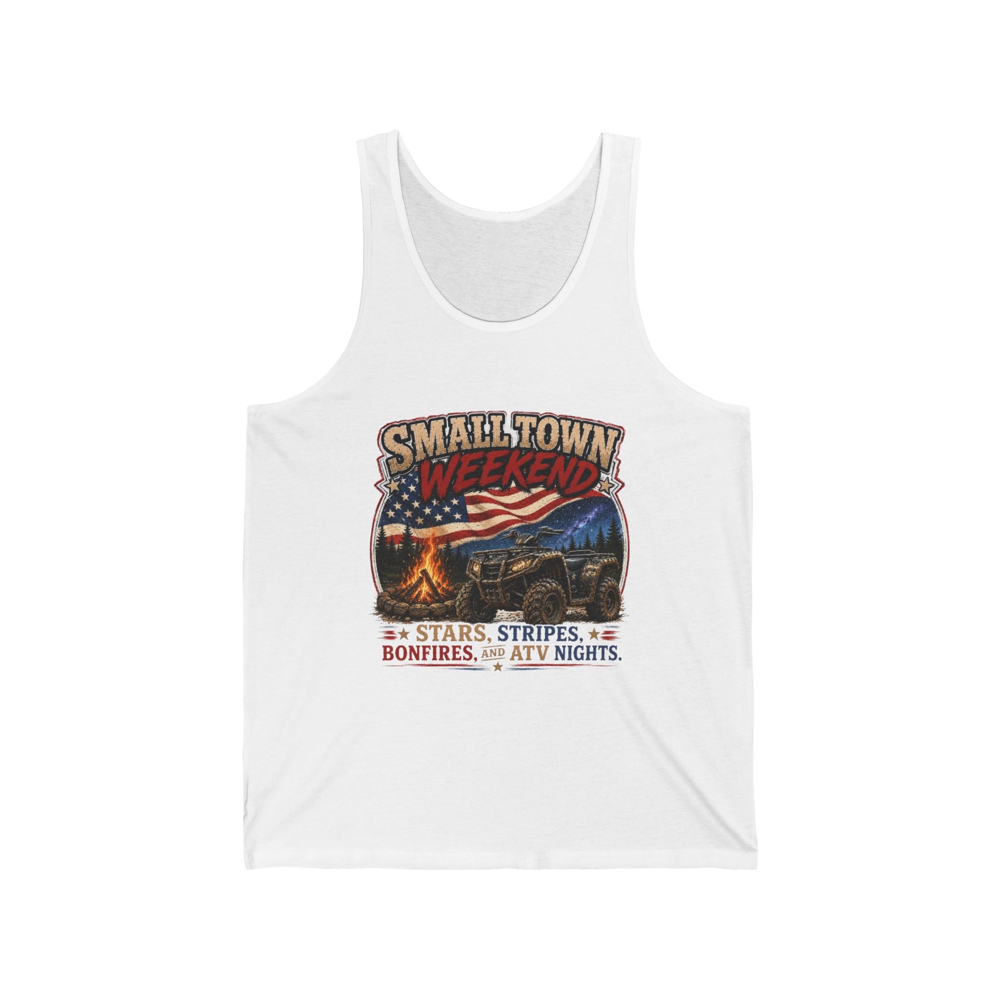 Stars, Stripes, Bonfires & ATV Nights Graphic Tank — Smalltown Weekend Tank Top