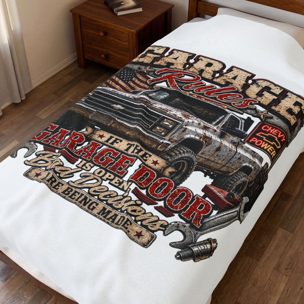 Garage Rules Velveteen Plush Blanket — "If the Garage Door Is Open, Bad Decisions Are Being Made" (Truck Mechanic Gift)