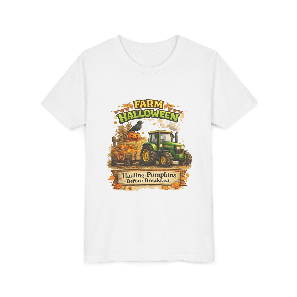 "Hauling Pumpkins Before Breakfast" Tractor Graphic — Youth Farm Halloween Tee
