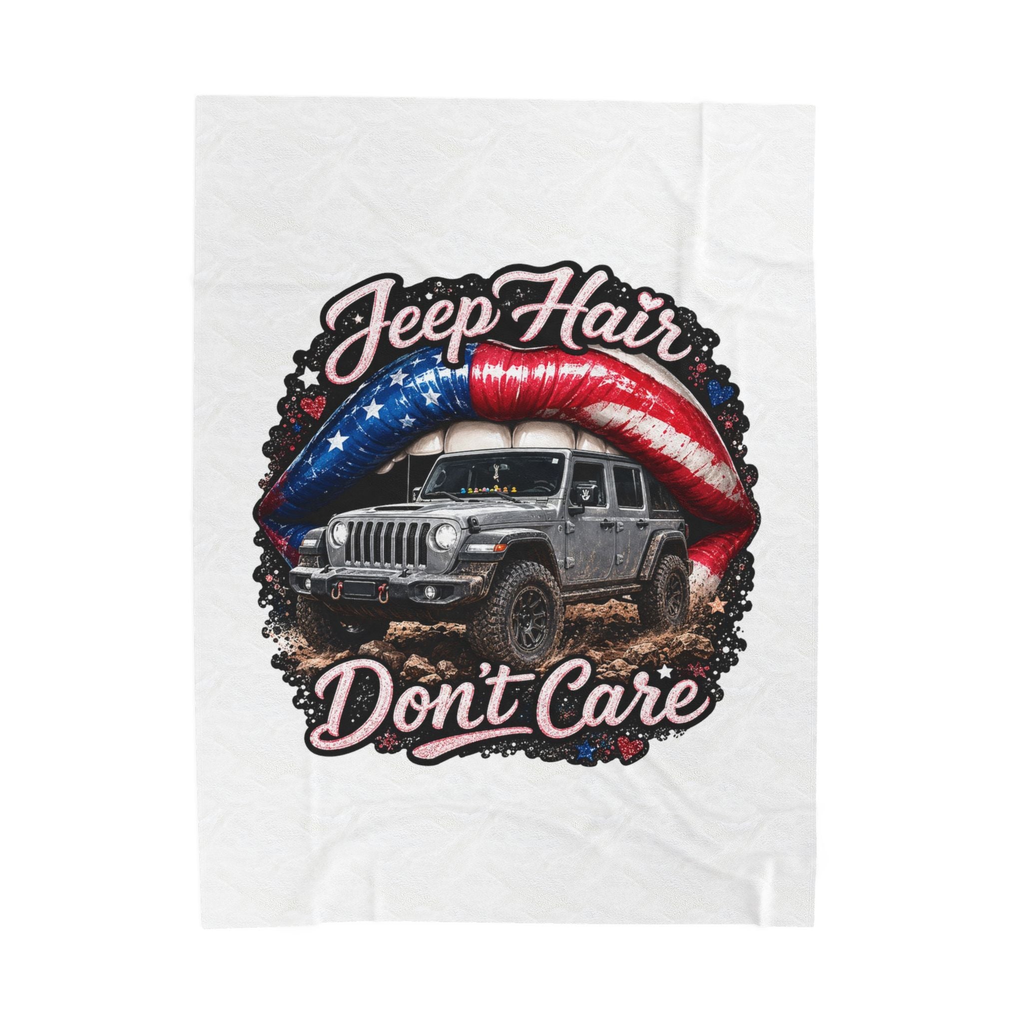 "Jeep Hair Don't Care" American Flag Lips Off‑Road Jeep Throw – Velveteen Plush Blanket