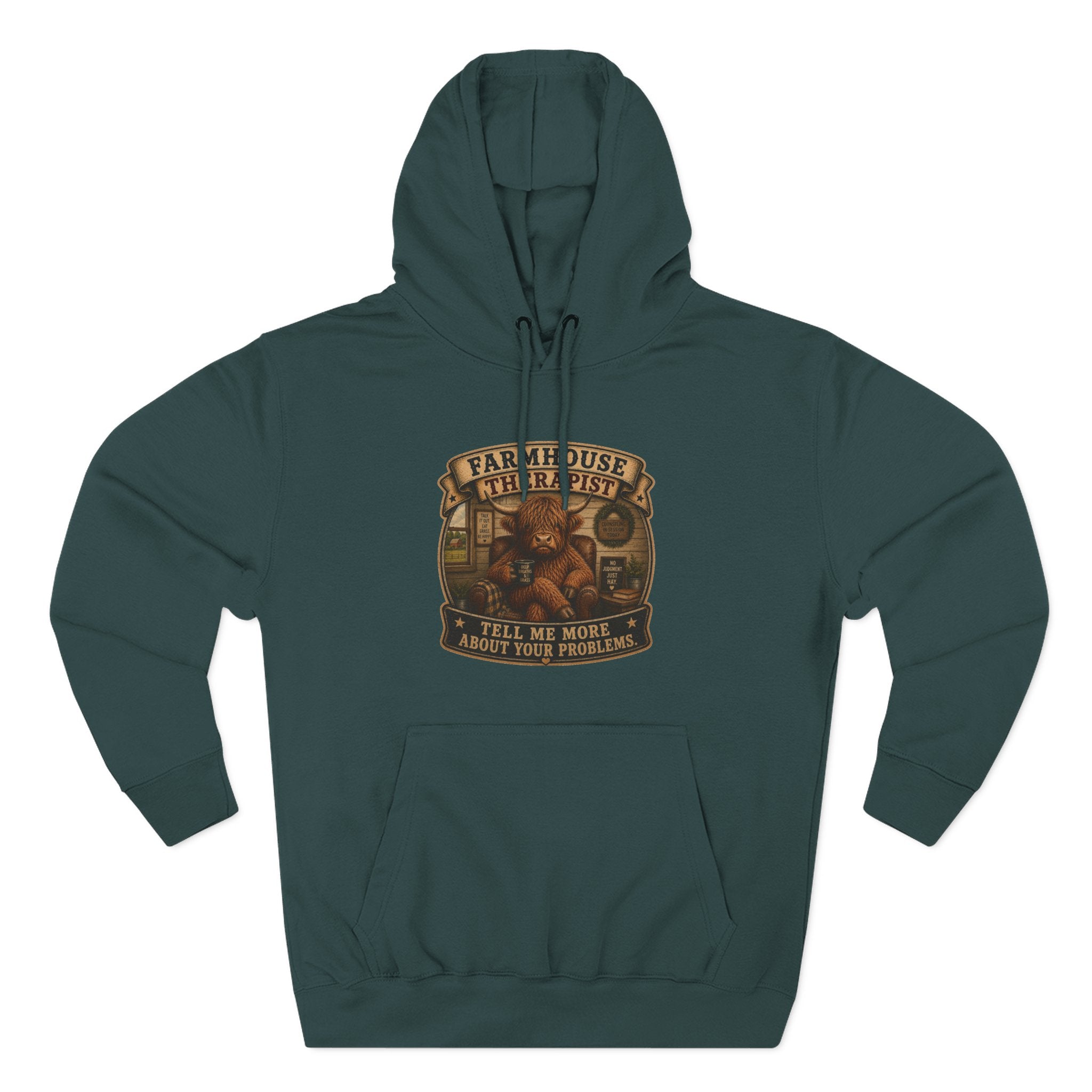 Farmhouse Therapist Highland Cow Three-Panel Fleece Hoodie