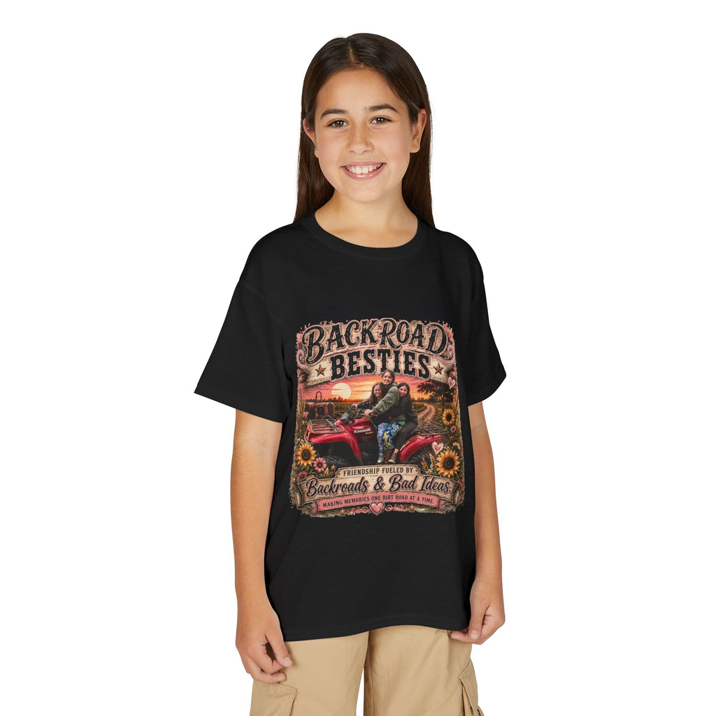 Backroad Besties Youth T‑Shirt — Vintage Tractor Sunset Kids Tee