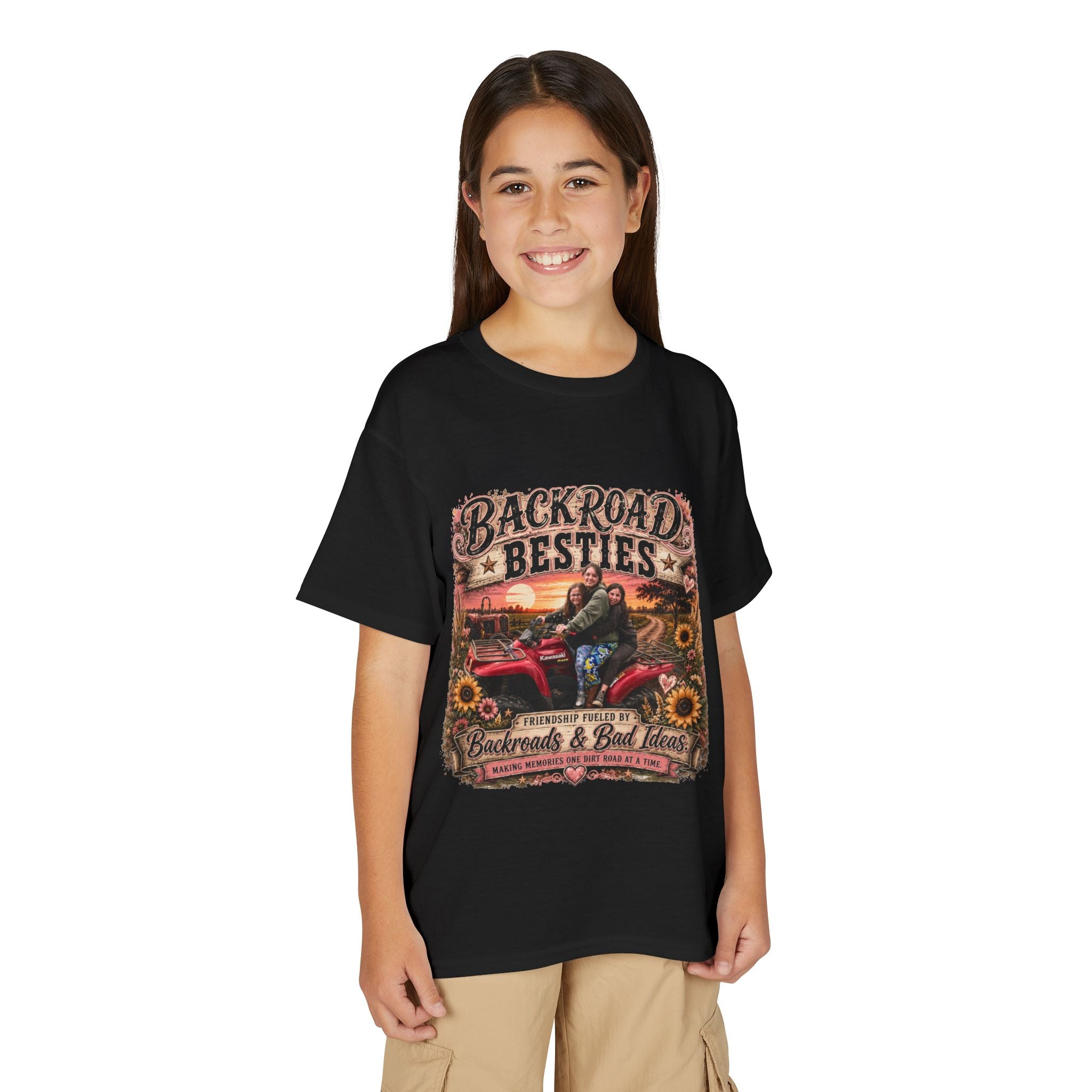 Backroad Besties Youth T‑Shirt — Vintage Tractor Sunset Kids Tee