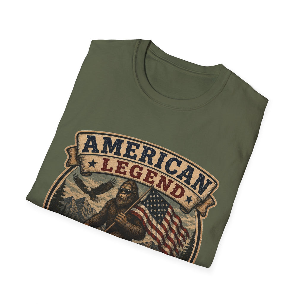 American Legend T-Shirt — Patriotic Bigfoot Design ("Protected by Freedom & Mystery")