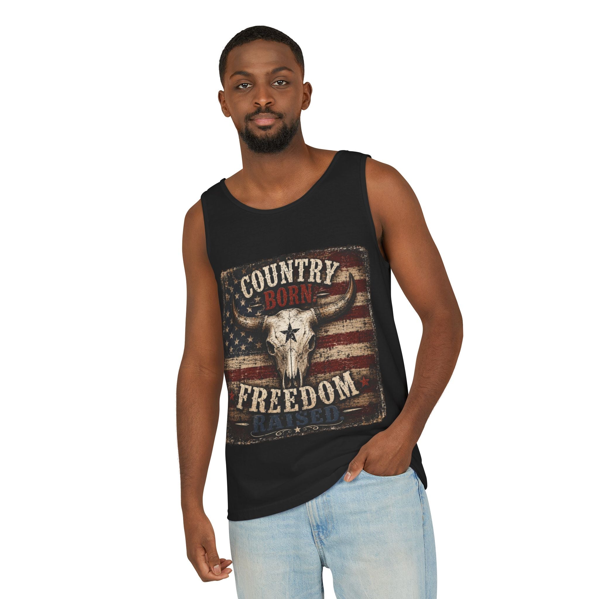 Country Born Freedom Raised Tank Top — Americana Skull Flag Graphic Tank Top