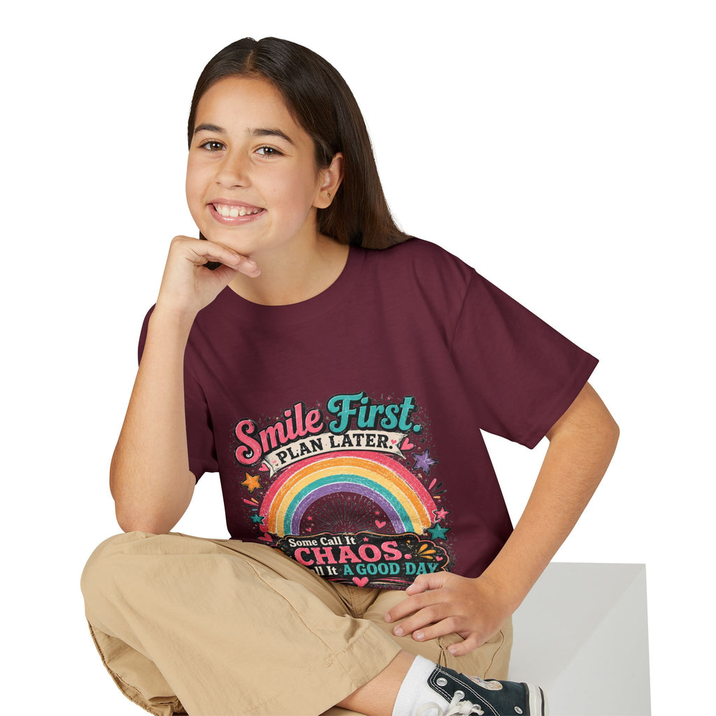 "Smile First, Plan Later" Rainbow Chaos Graphic Tee - Youth T-Shirt —