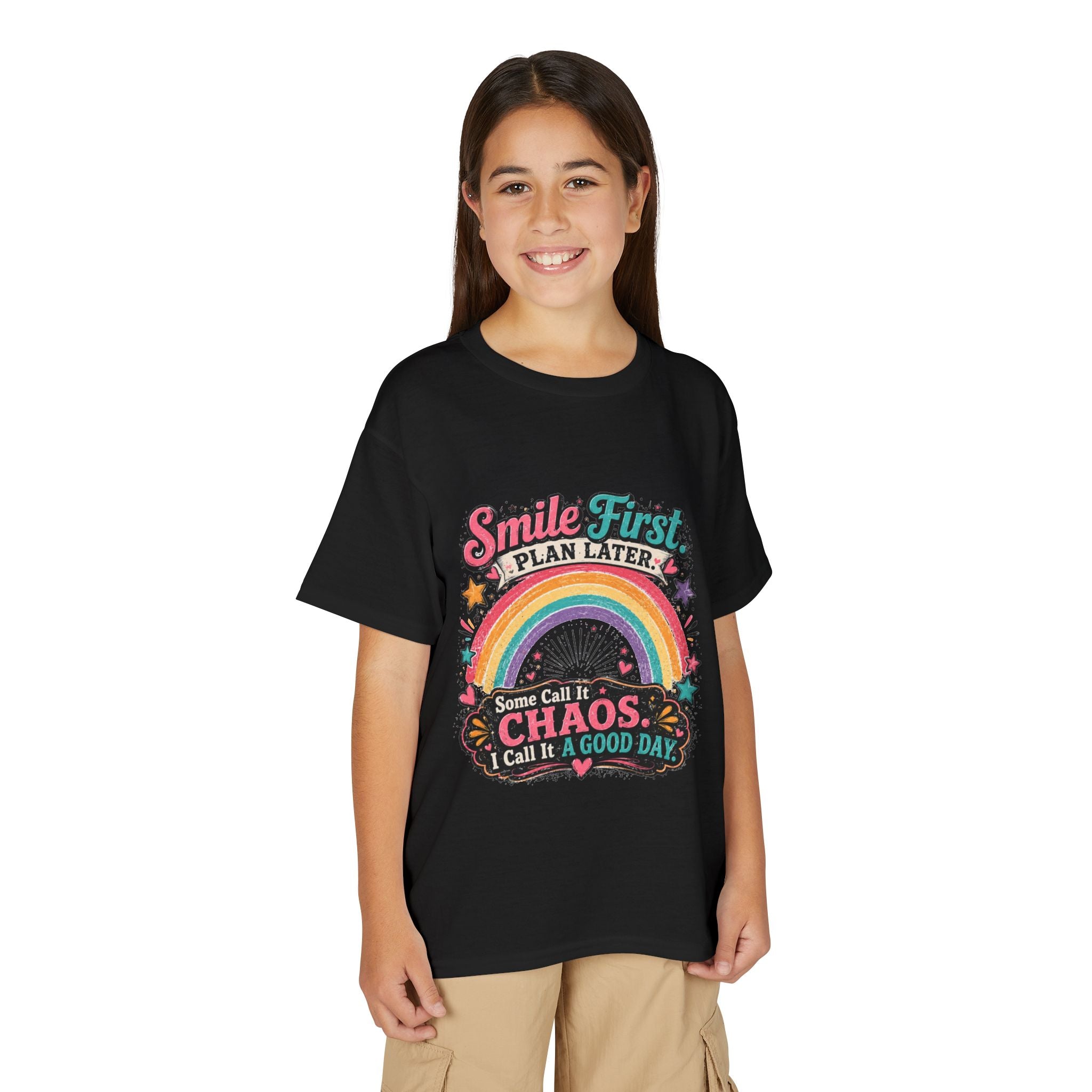 "Smile First, Plan Later" Rainbow Chaos Graphic Tee - Youth T-Shirt —