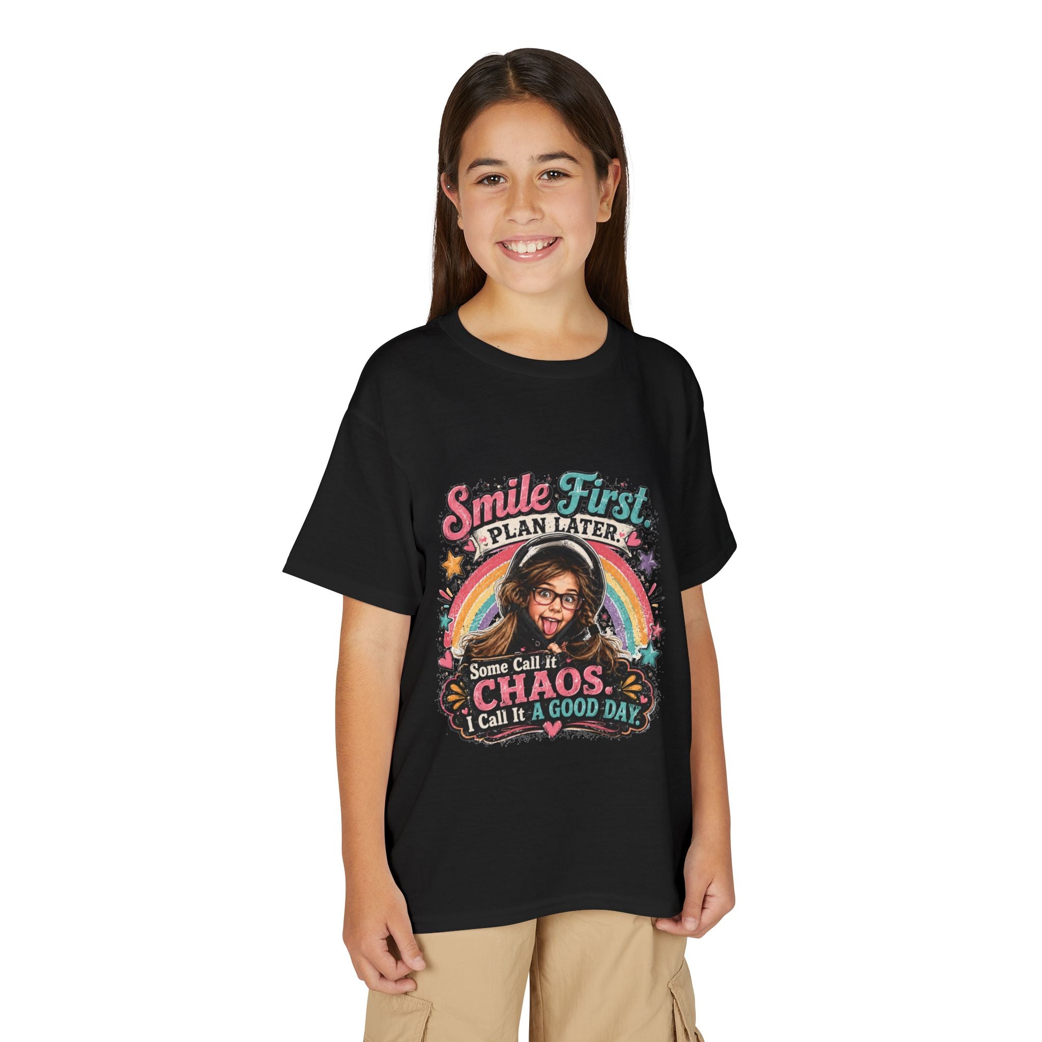 "Smile First, Plan Later" Funny Chaos Rainbow Kids Tee — Youth T-Shirt