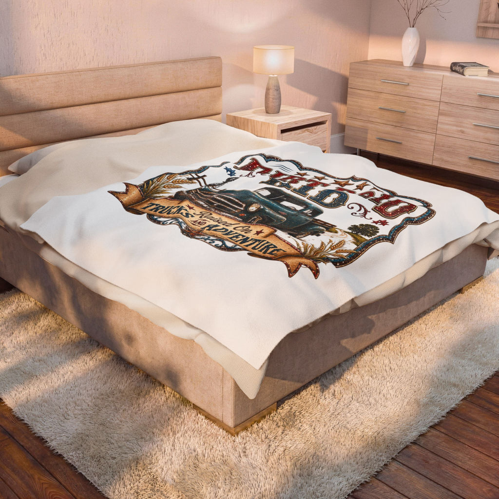 "Dirt Road Kid: Raised on Trucks & Adventure" Retro Truck Throw — Velveteen Blanket