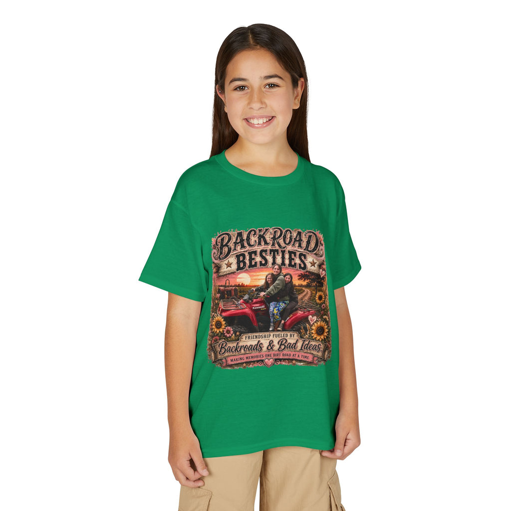 Backroad Besties Youth T‑Shirt — Vintage Tractor Sunset Kids Tee