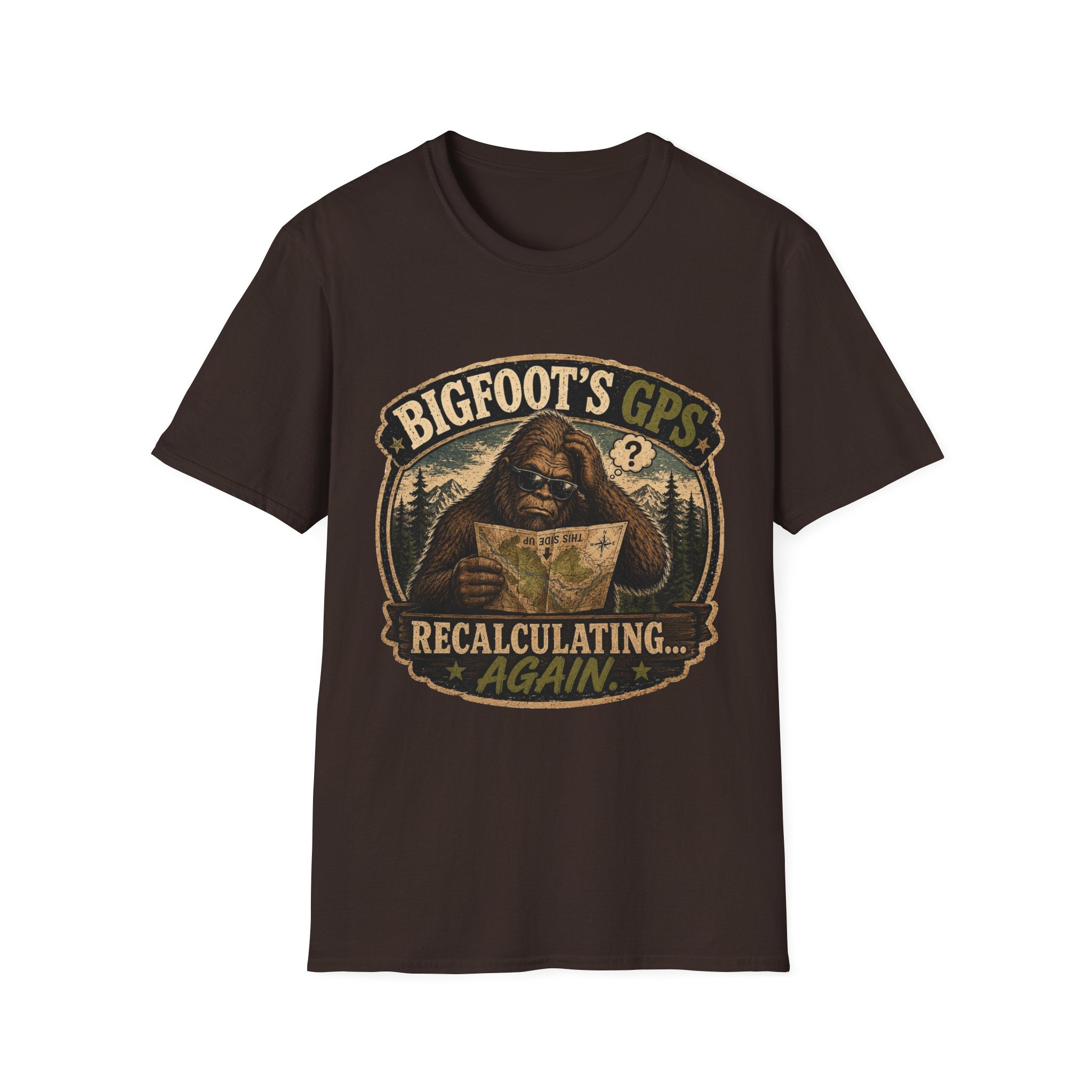 Bigfoot’s GPS T-Shirt — "Recalculating... Again" Retro Sasquatch Graphic Tee
