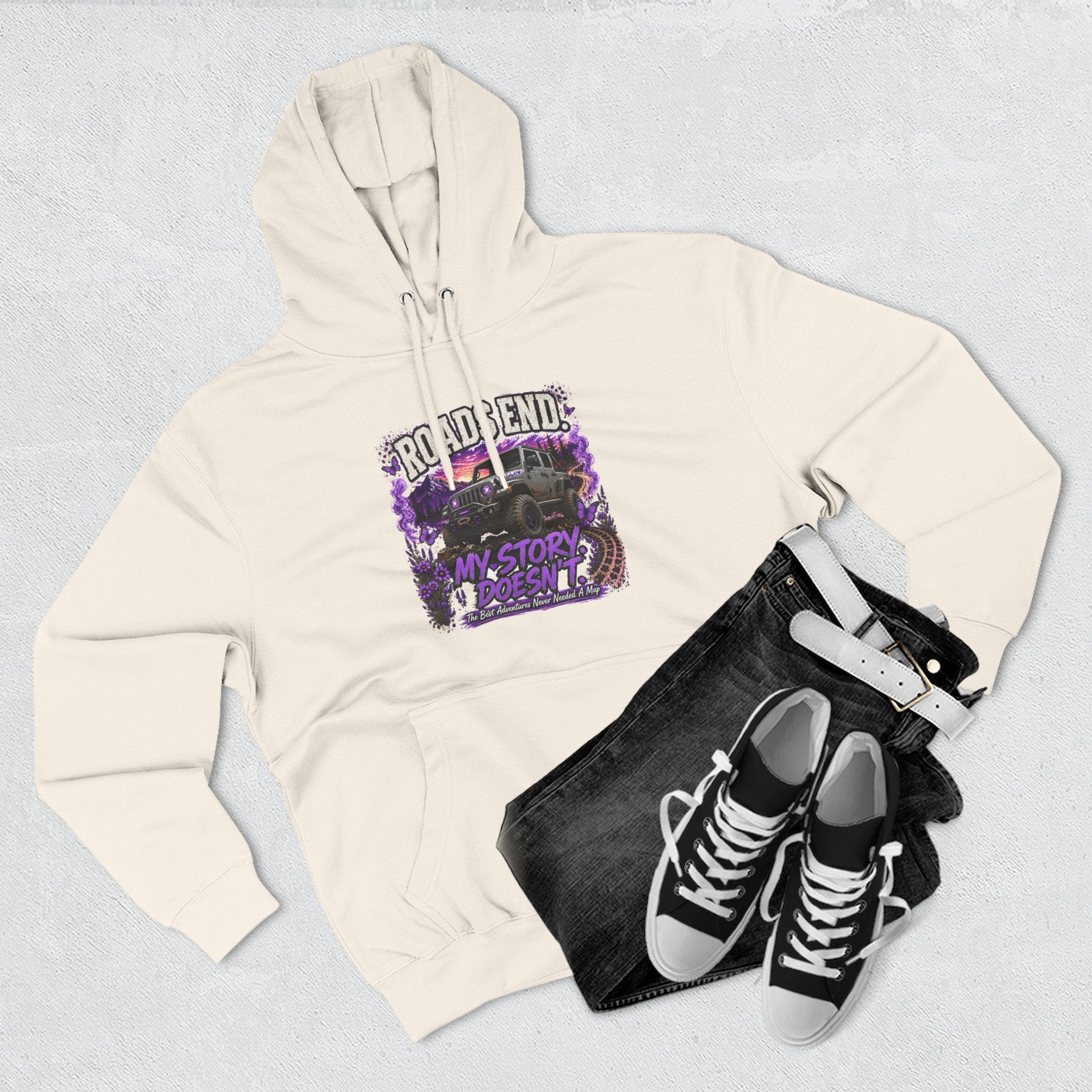Roads End Jeep (Purple) Three-Panel Fleece Hoodie