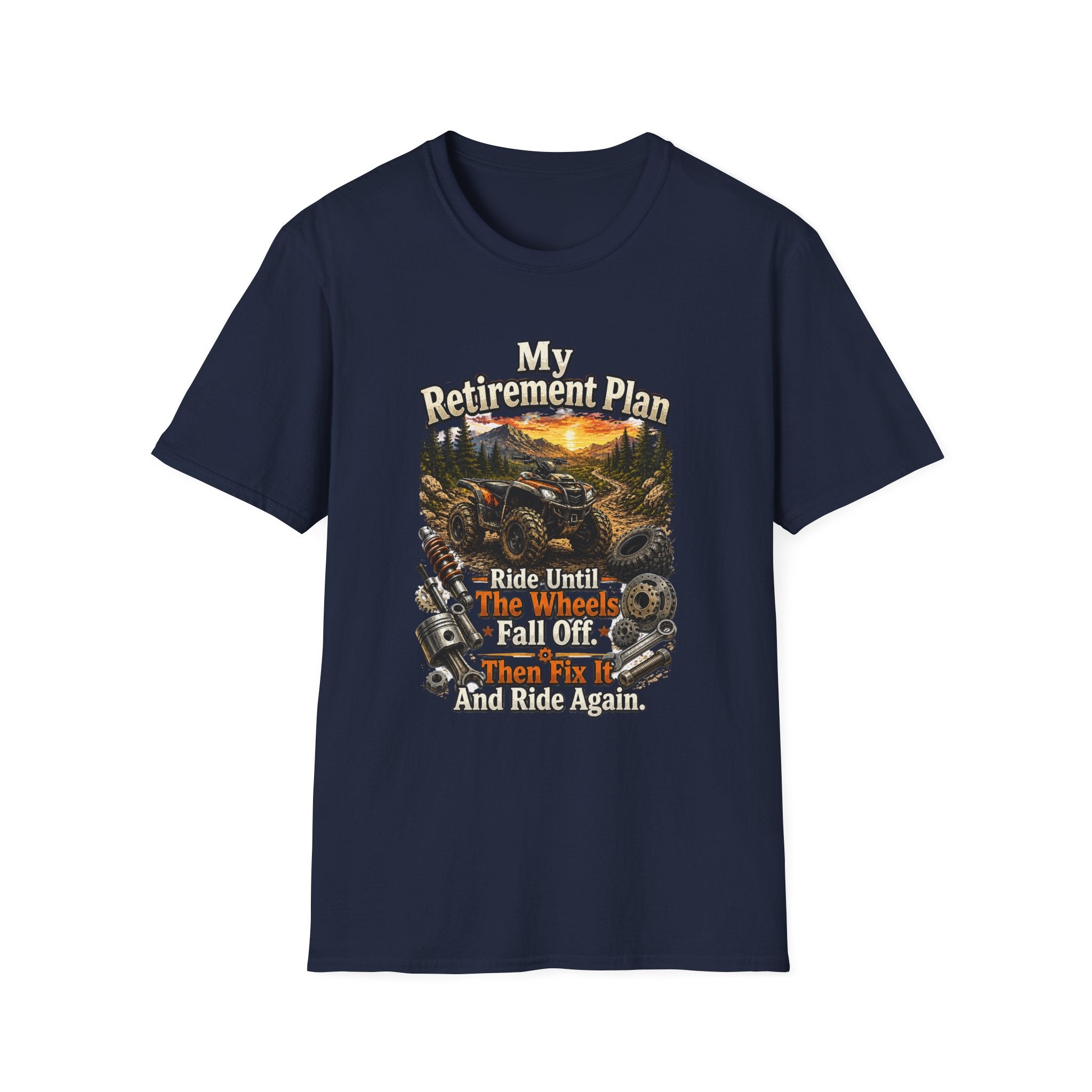 “My Retirement Plan: Ride Until I Can’t, Then Die With A Smile” Motorcycle Sunset Tee — T-Shirt