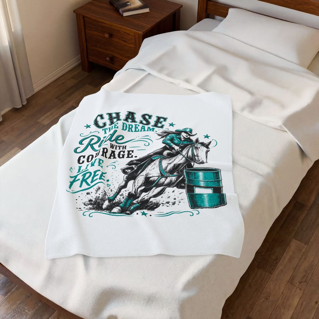 "Chase the Dream: Ride with Courage, Live Free" (Teal) Barrel Racing Horse Throw — Velveteen Plush Blanket