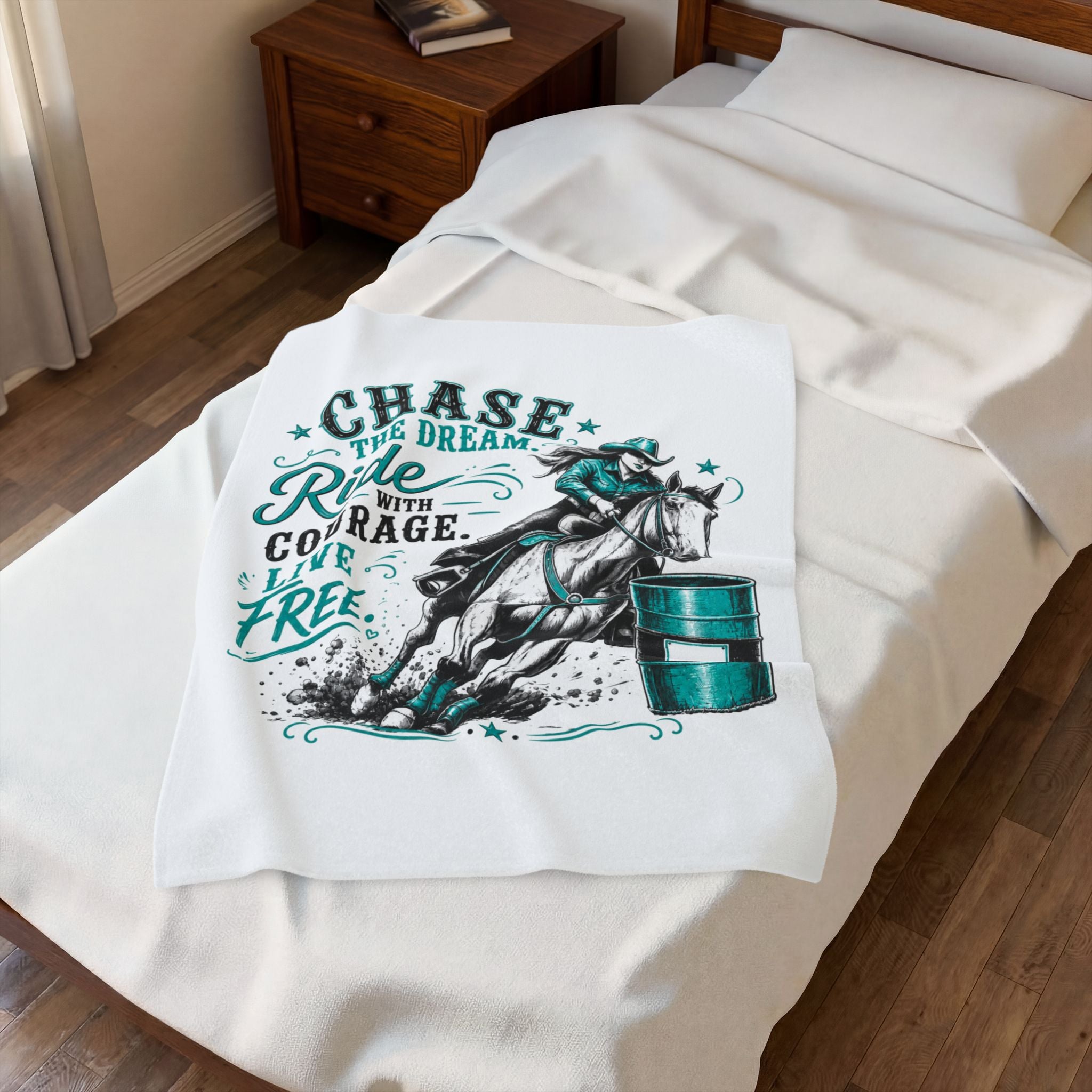 "Chase the Dream: Ride with Courage, Live Free" (Teal) Barrel Racing Horse Throw — Velveteen Plush Blanket
