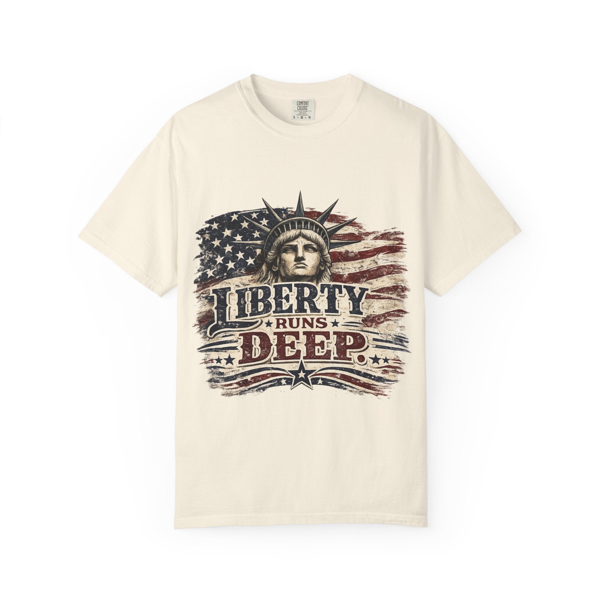 Liberty Runs Deep T-Shirt — Vintage Statue of Liberty American Flag Tee