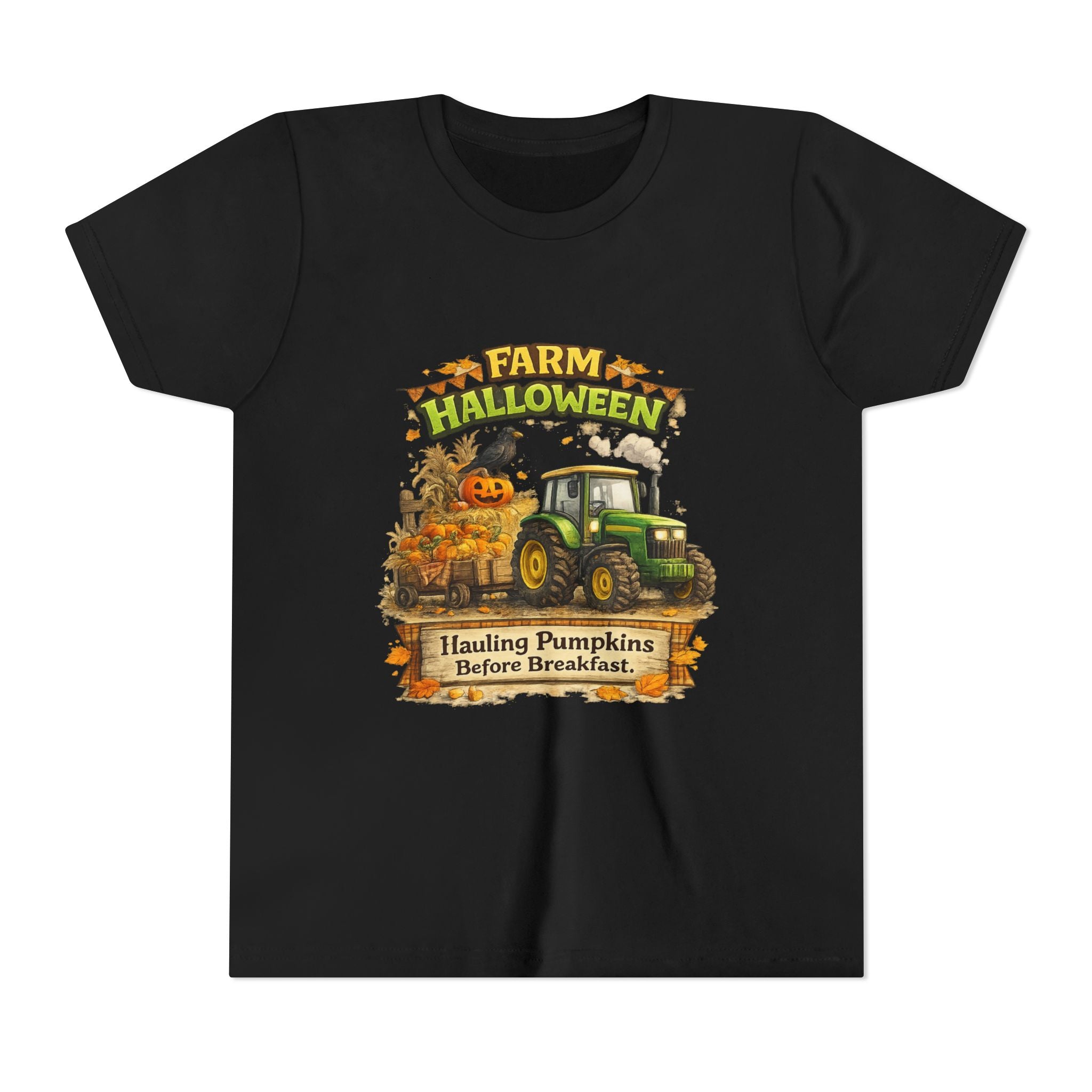 "Hauling Pumpkins Before Breakfast" Tractor Graphic — Youth Farm Halloween Tee
