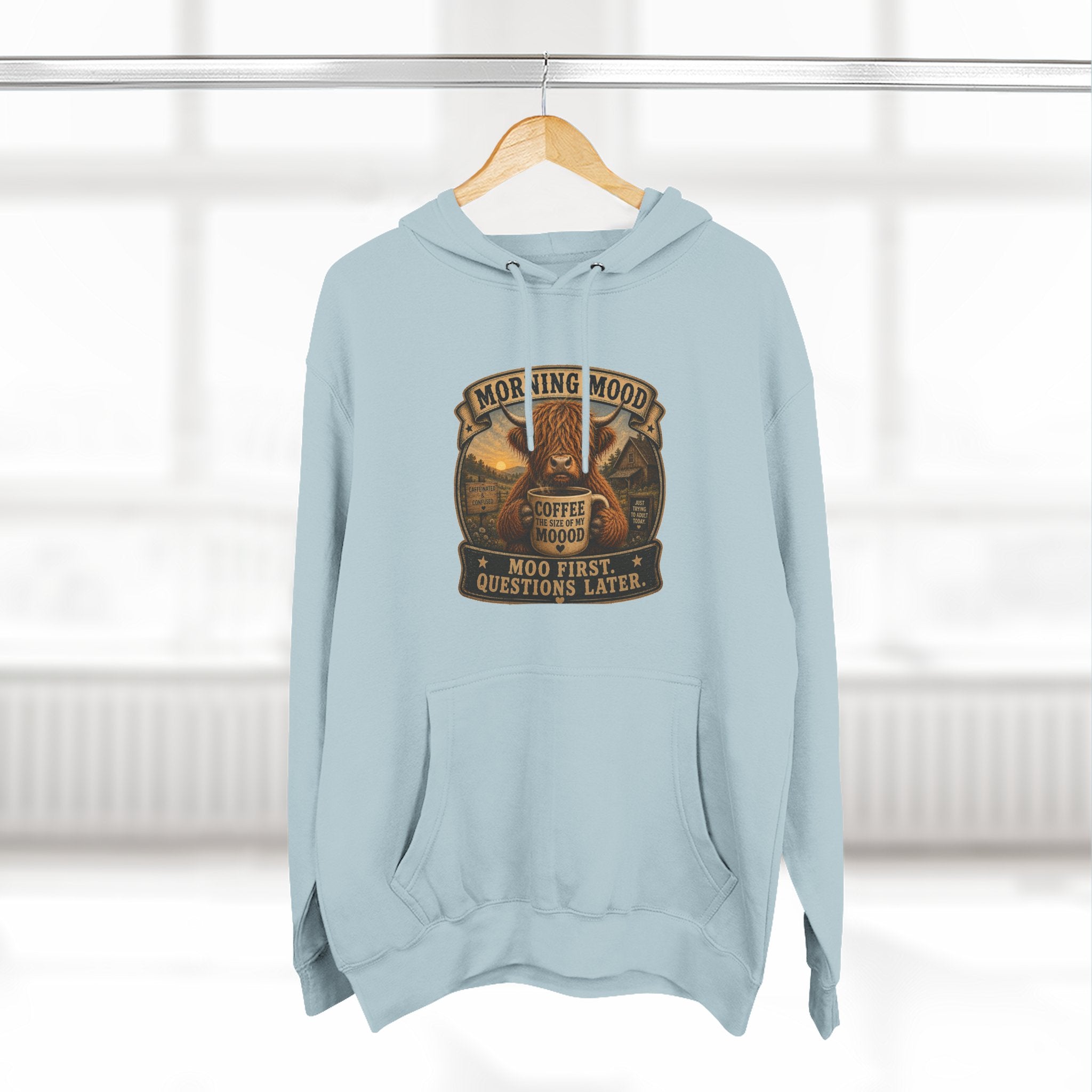 Morning Mood Moo First Questions Later Highland Cow Three-Panel Fleece Hoodie