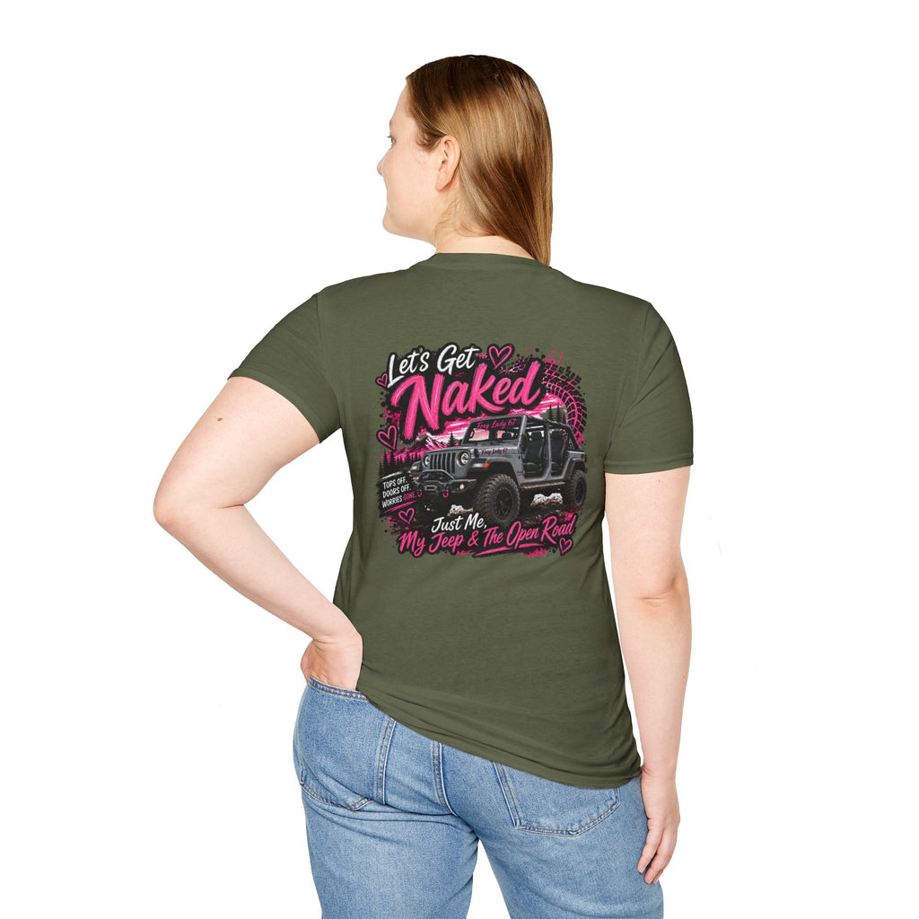 Lets Get Naked Jeep (design on front and back) Softstyle T-Shirt