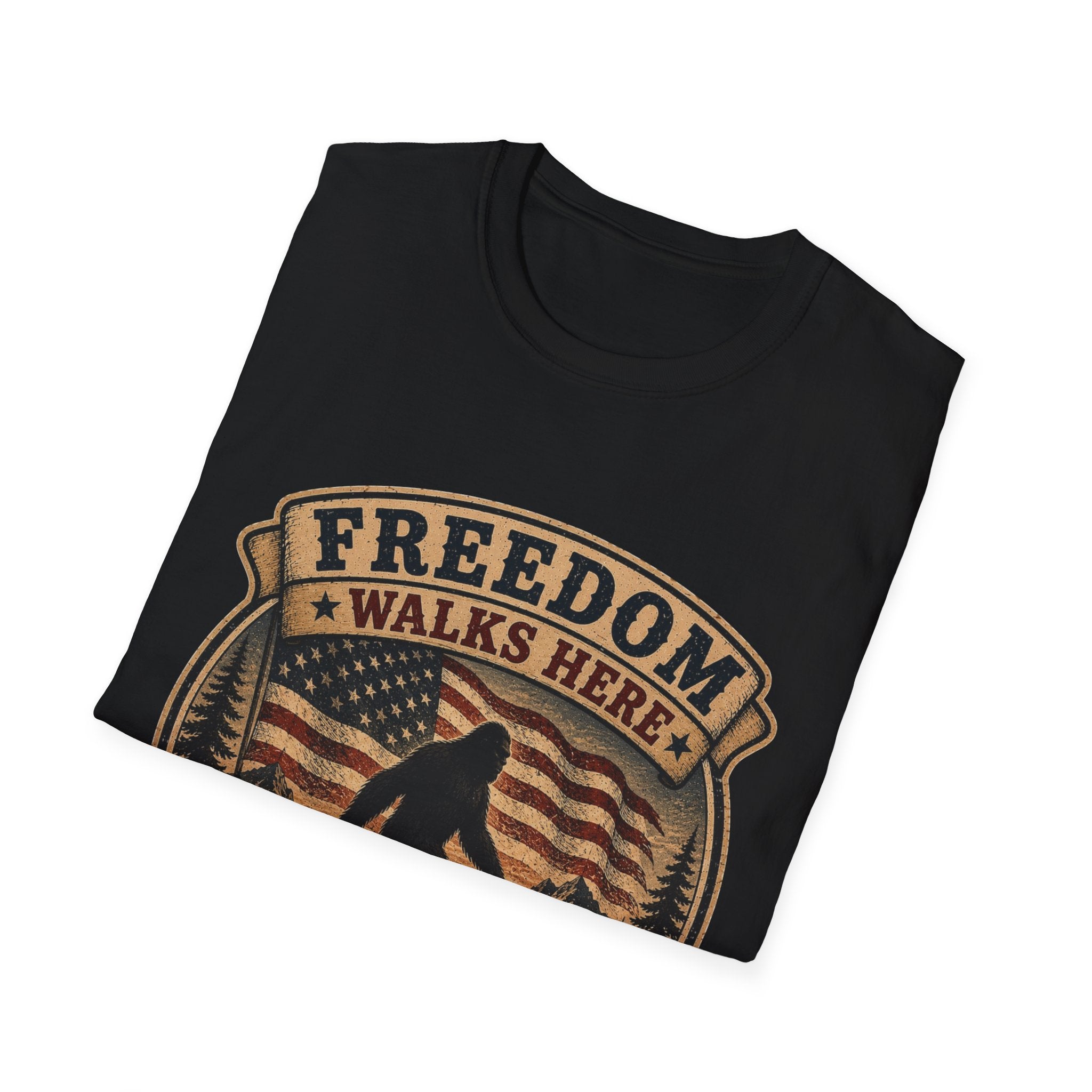 Freedom Walks Here T-Shirt — Patriotic Bigfoot Graphic Tee