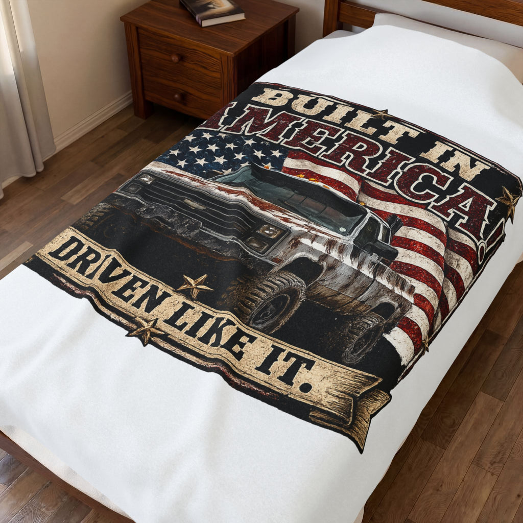 "Built in America! Driven Like It." Vintage Truck & American Flag Throw — Velveteen Plush Blanket
