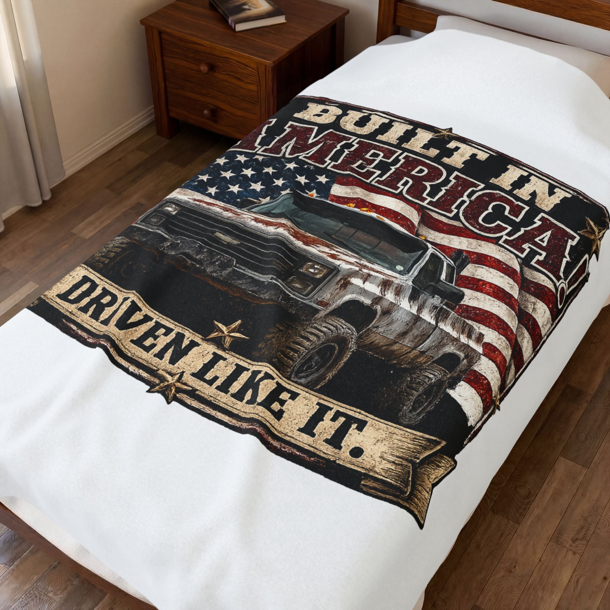 "Built in America! Driven Like It." Vintage Truck & American Flag Throw — Velveteen Plush Blanket