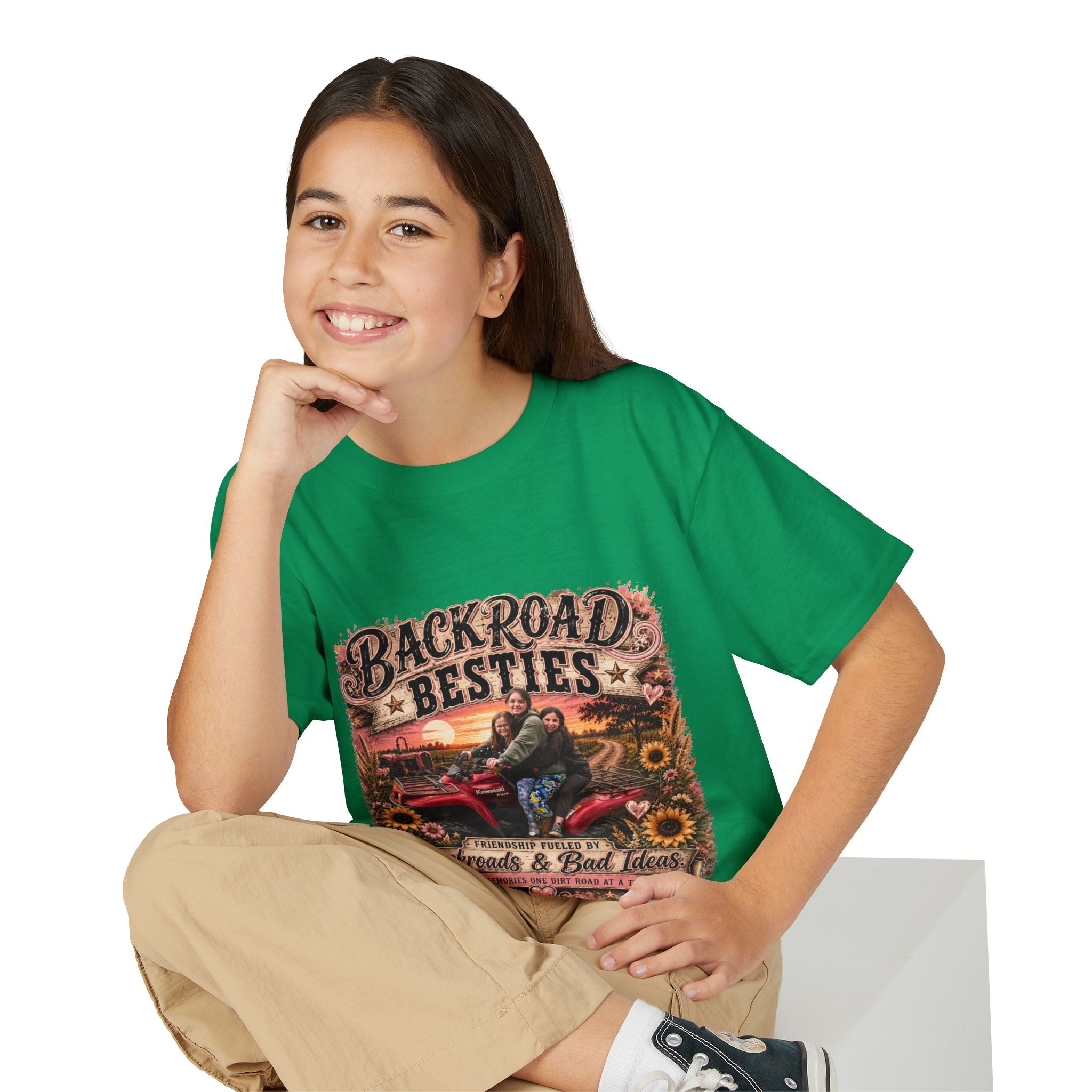 Backroad Besties Youth T‑Shirt — Vintage Tractor Sunset Kids Tee