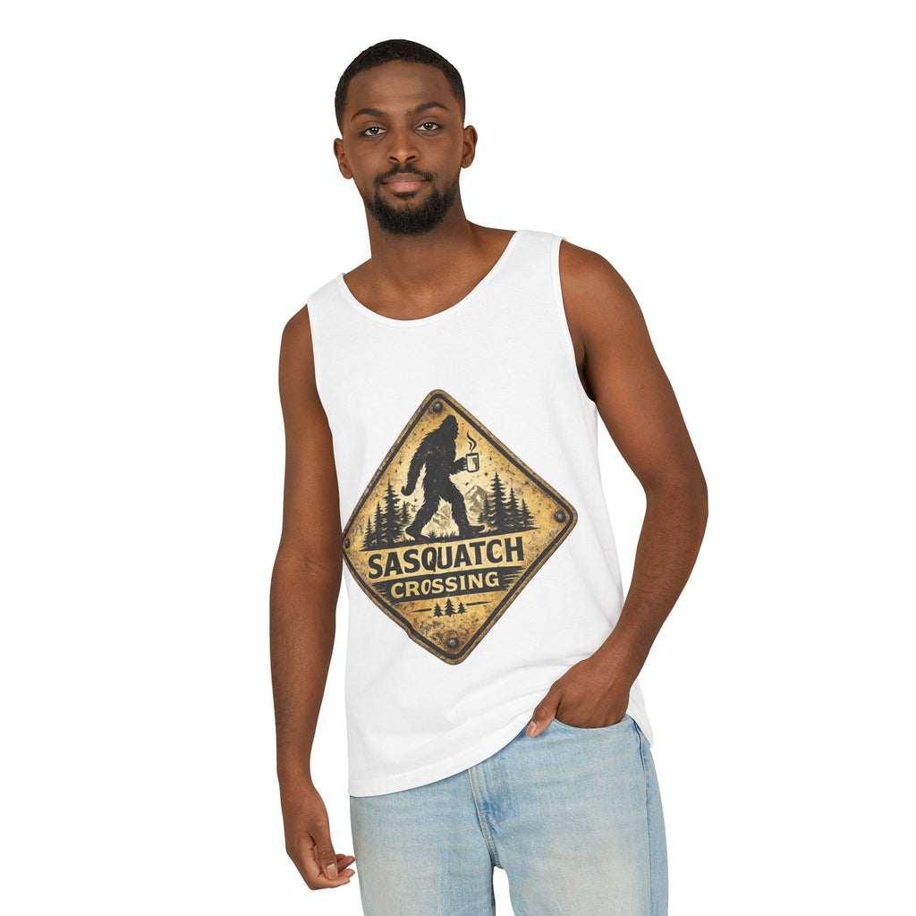 Sasquatch Crossing Tank Top — Vintage Bigfoot Forest Sign Sleeveless Tank
