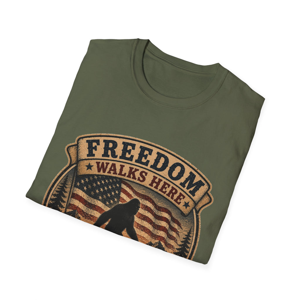 Freedom Walks Here T-Shirt — Patriotic Bigfoot Graphic Tee