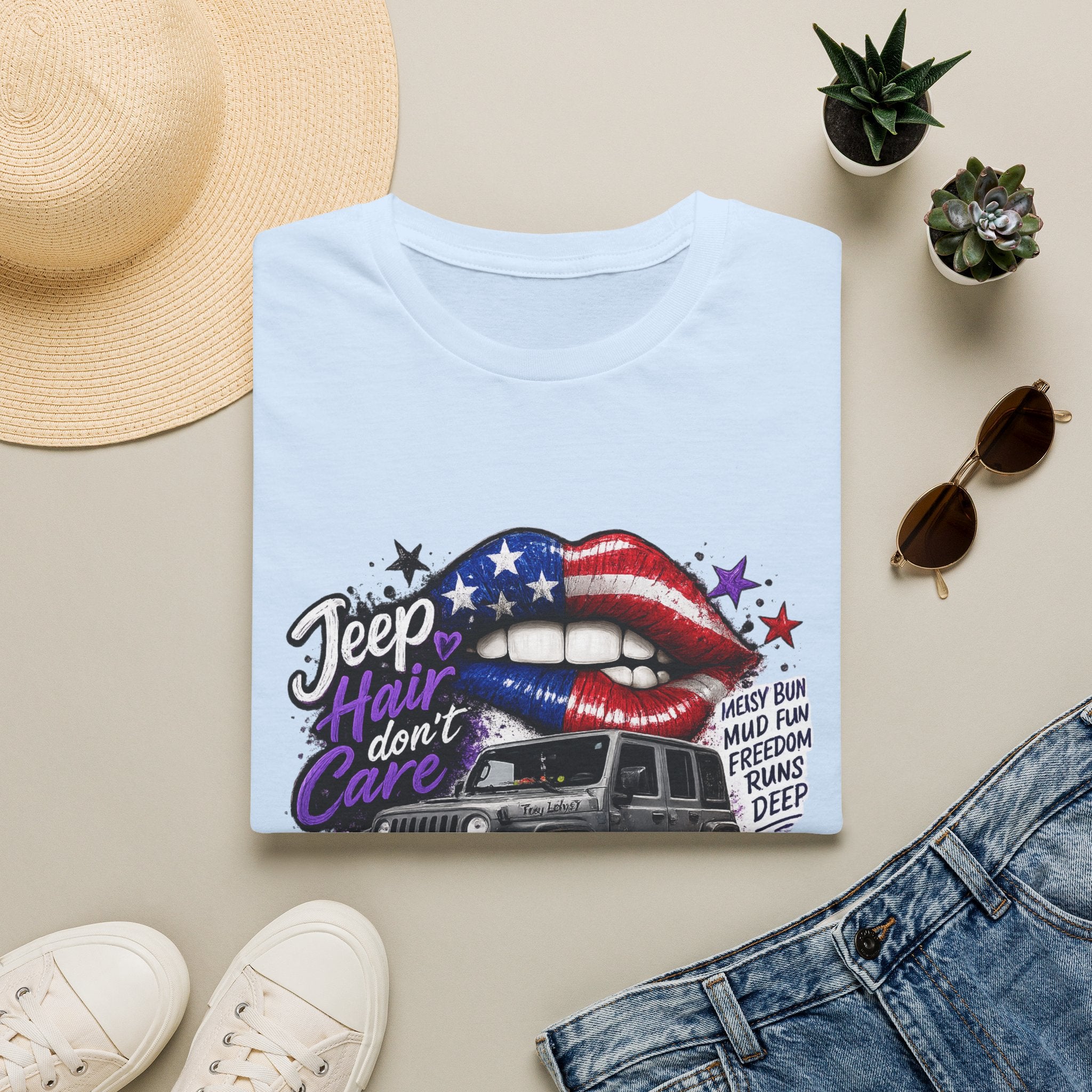 Jeep Hair Don't Care T-Shirt — American Flag Lips Off-Road Truck Tee